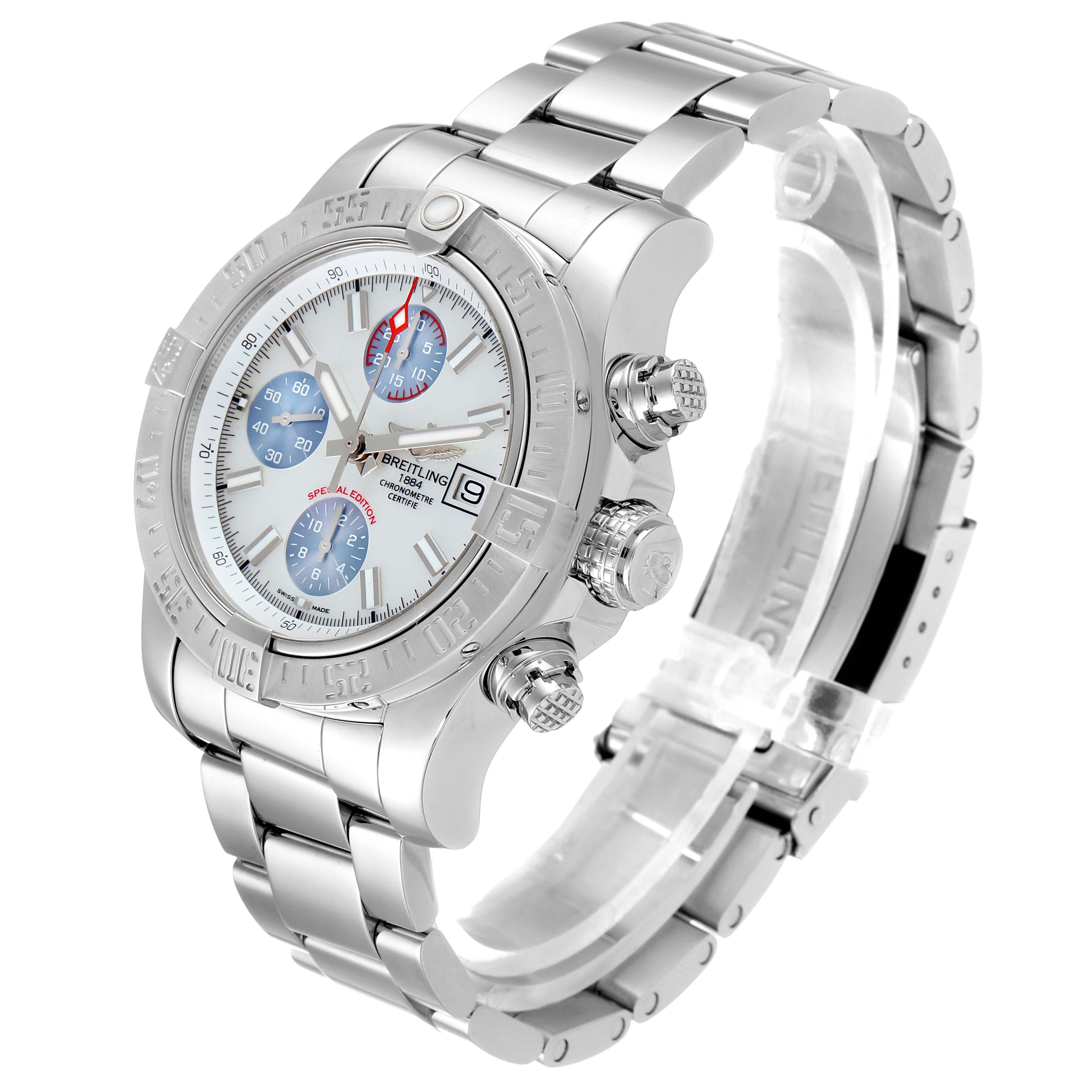 This Breitling Avenger A13381 Men's Stainless Steel Mother of Pearl Dial A13381 Men's Stainless Steel Mother of Pearl Dial watch is shown at an angle highlighting the face, bezel, crown, pushers, and bracelet.