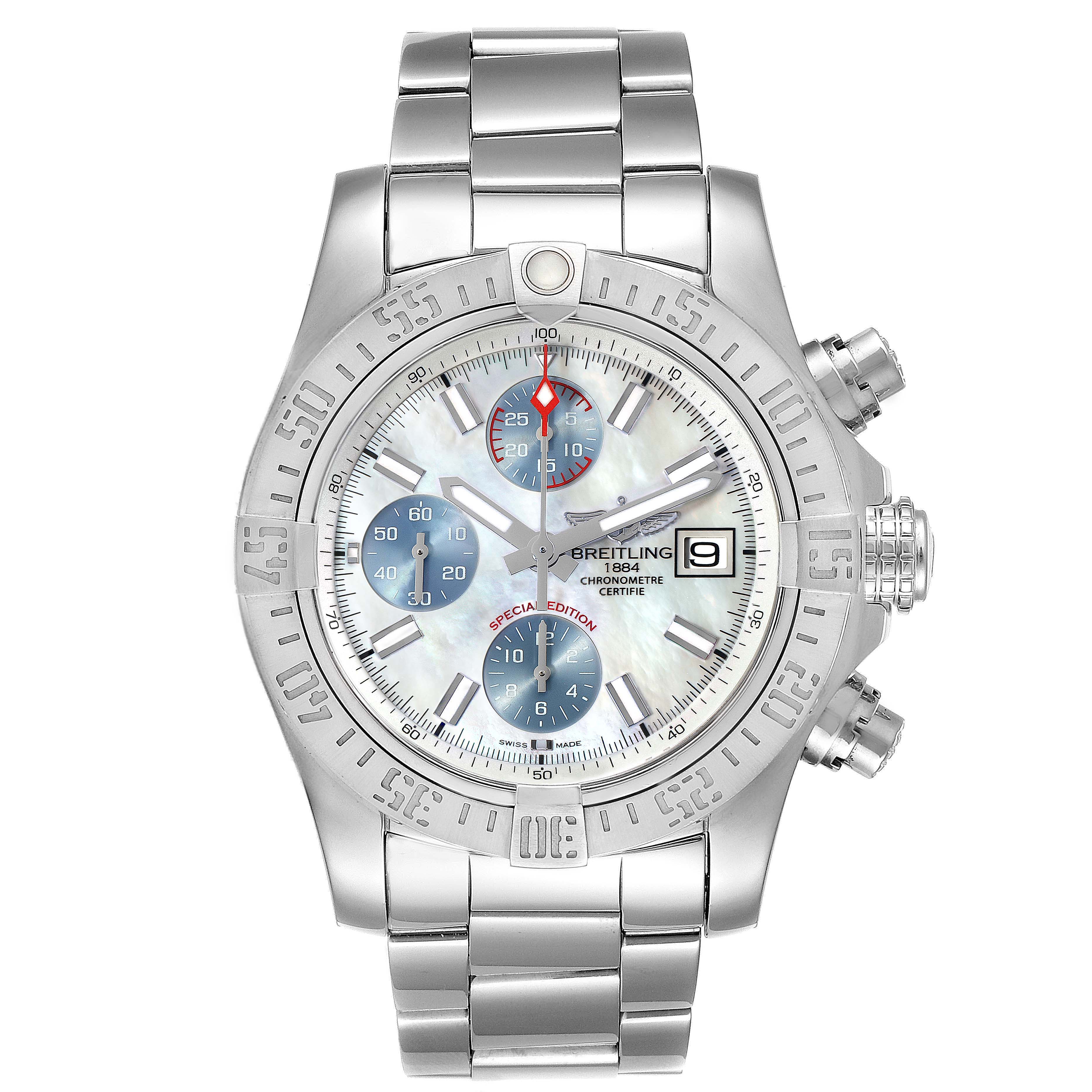 The image shows a front view of the Breitling Avenger A13381 Men's Stainless Steel Mother of Pearl Dial A13381 Men's Stainless Steel Mother of Pearl Dial watch, highlighting its dial, bezel, and bracelet.