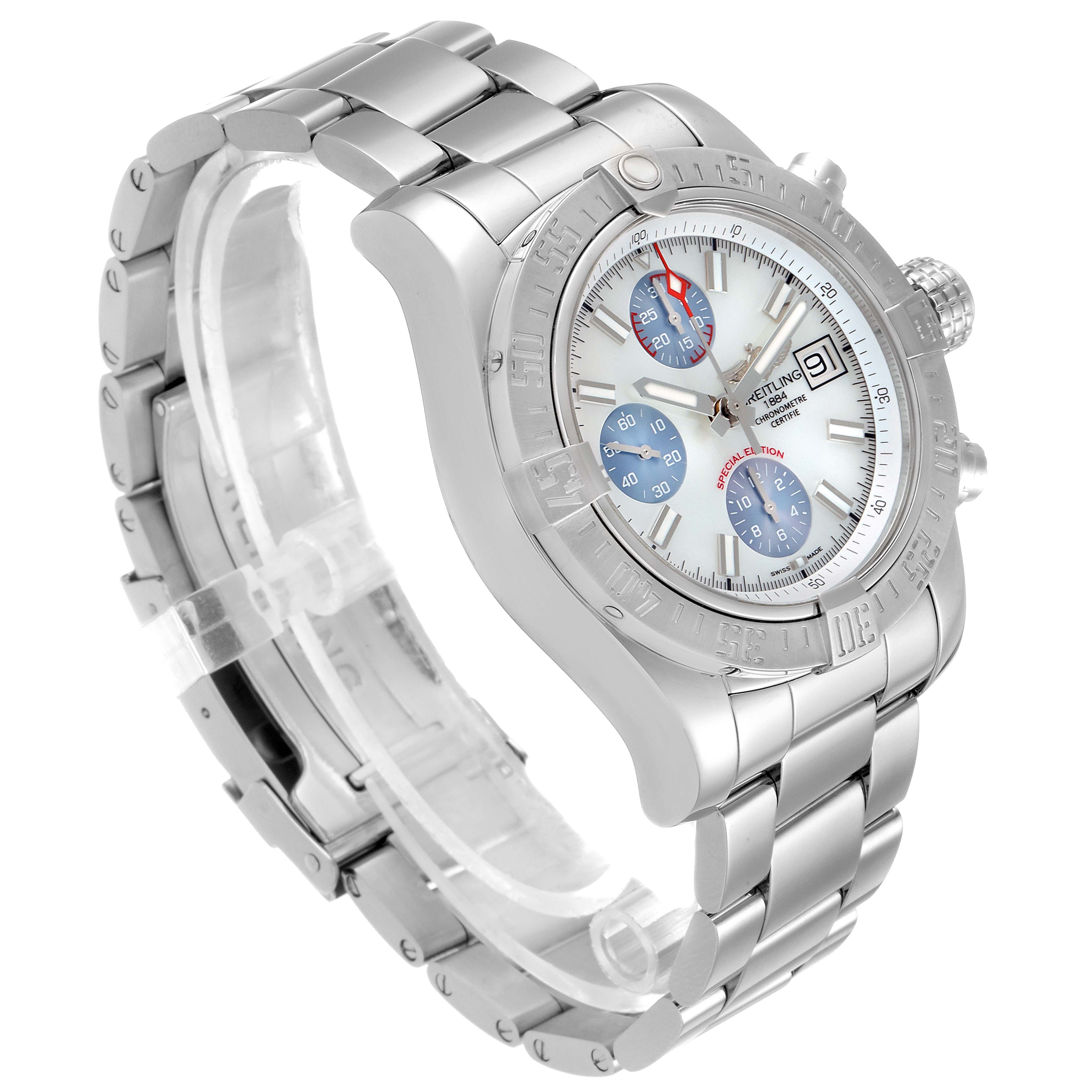 This image shows a Breitling Avenger A13381 Men's Stainless Steel Mother of Pearl Dial A13381 Men's Stainless Steel Mother of Pearl Dial model watch in side angle, displaying the bezel, dial, and metal bracelet.