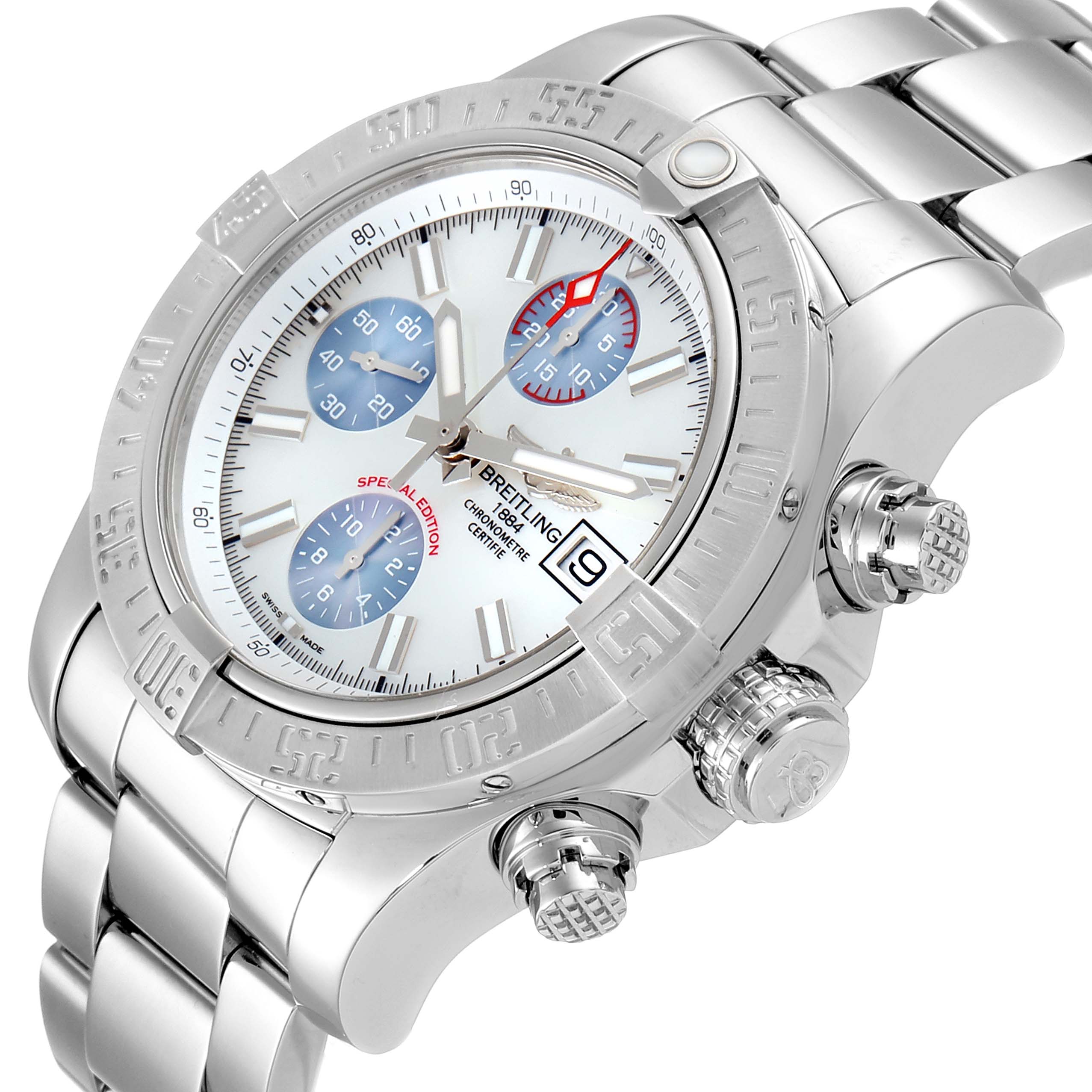 The Breitling Avenger A13381 Men's Stainless Steel Mother of Pearl Dial A13381 Men's Stainless Steel Mother of Pearl Dial watch is shown from a front and slightly angled side view, highlighting the bezel, chronograph dials, date window, and bracelet.