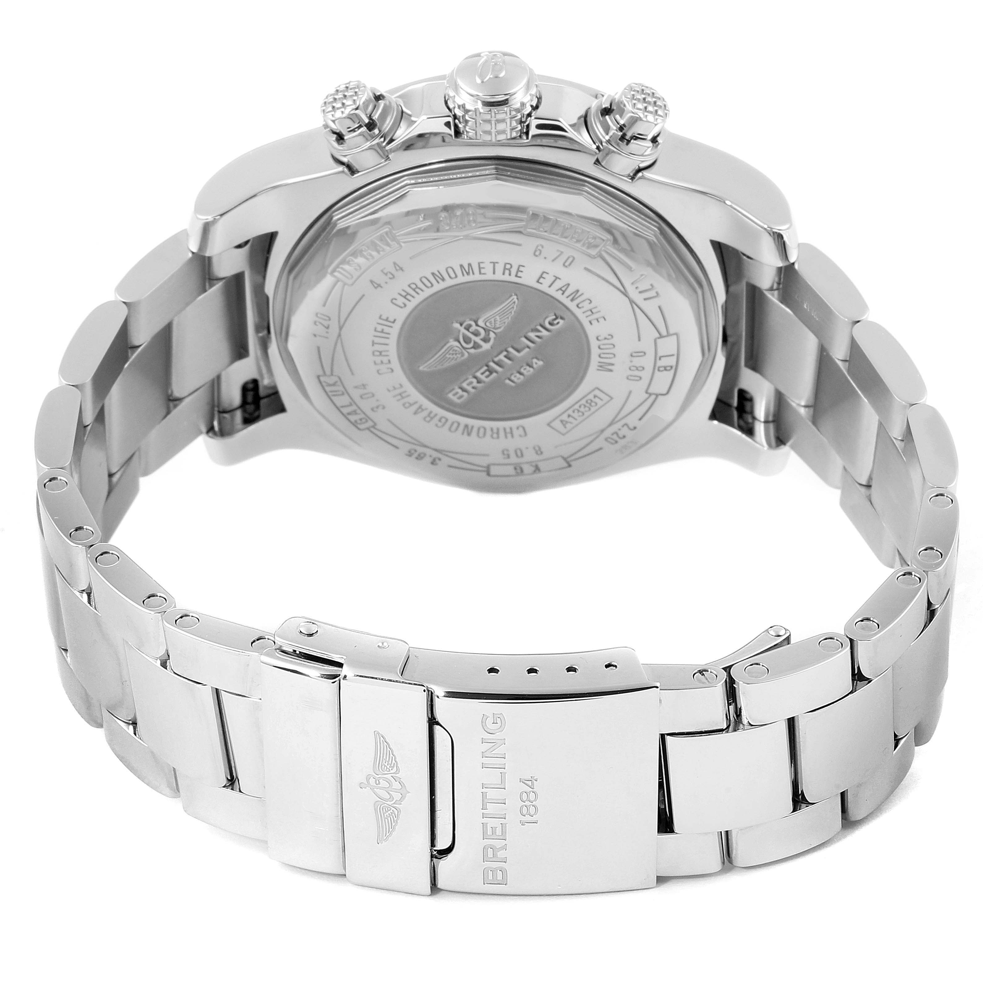 The image displays the back case and clasp of the Breitling Avenger A13381 Men's Stainless Steel Mother of Pearl Dial A13381 Men's Stainless Steel Mother of Pearl Dial watch from a rear angle.