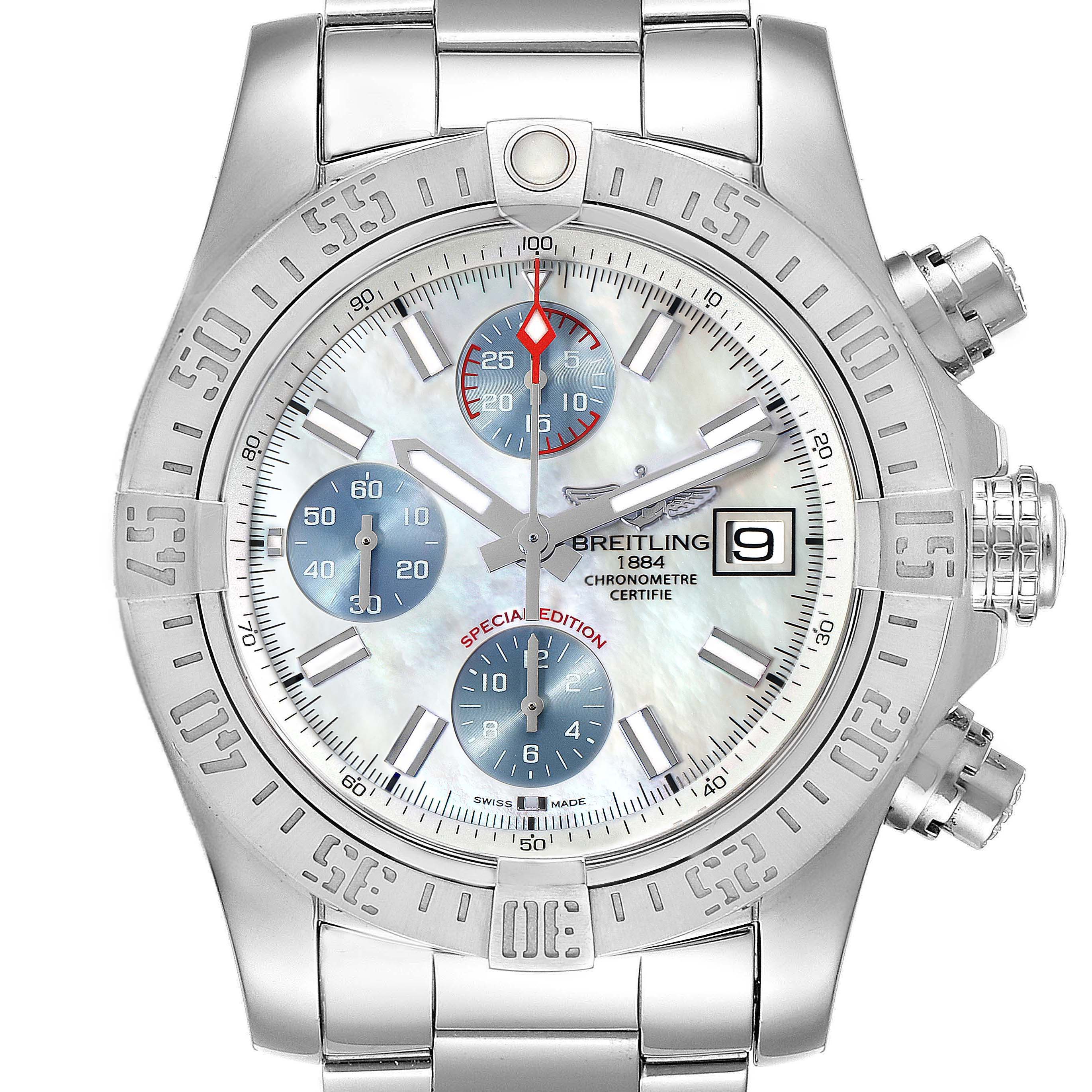 The image shows a frontal view of a Breitling Avenger A13381 Men's Stainless Steel Mother of Pearl Dial A13381 Men's Stainless Steel Mother of Pearl Dial watch featuring a stainless steel band, three subdials, and a date display.