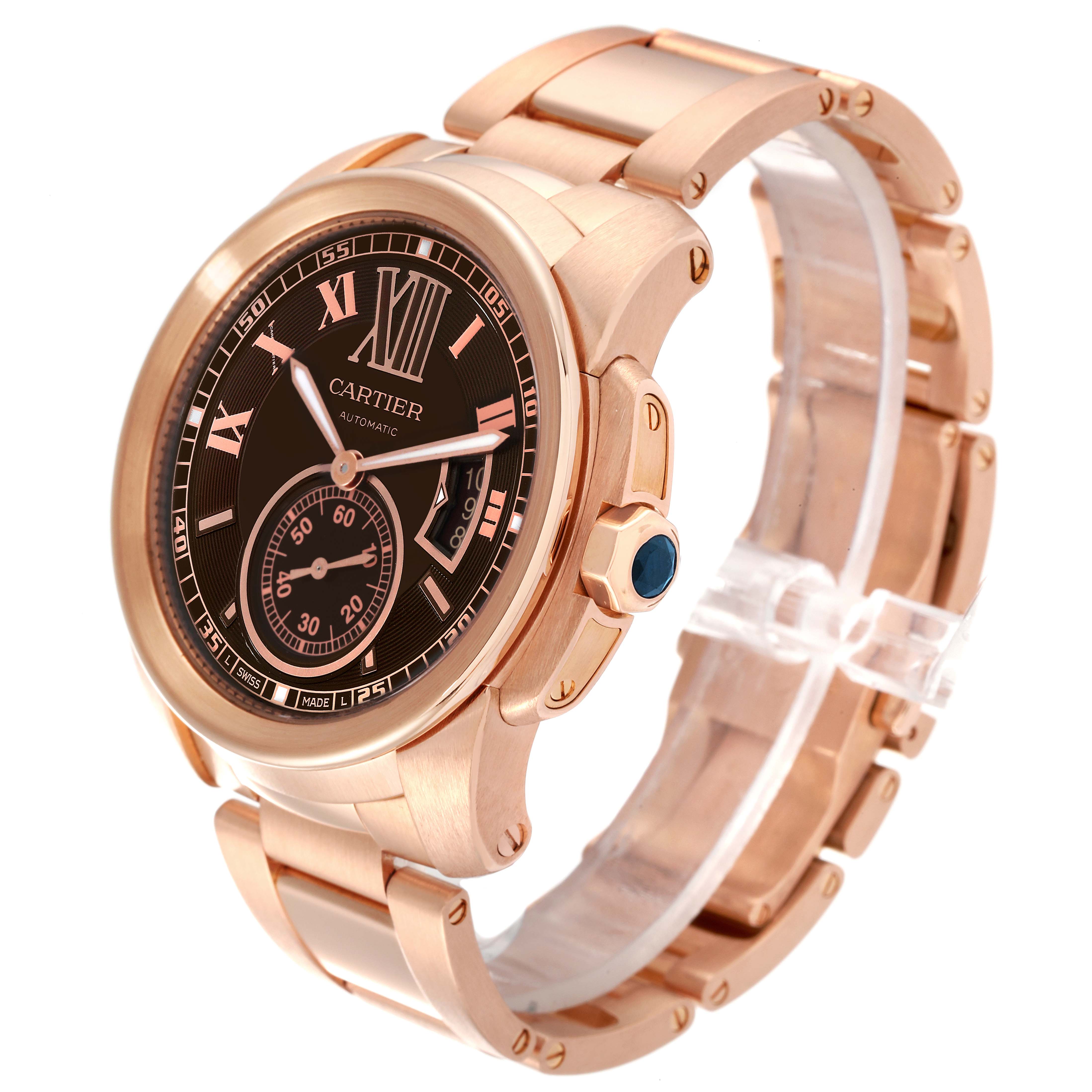 The image shows a side-angle view of a Calibre de Cartier watch by Cartier, showcasing its strap, bezel, and dial details.