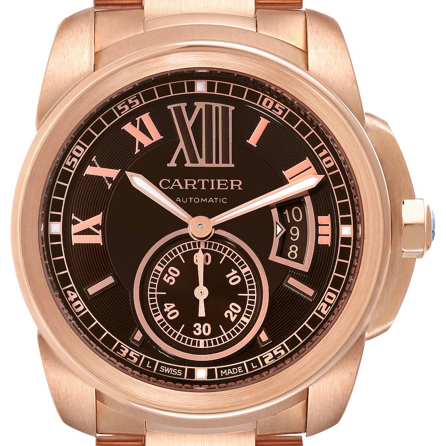 Cartier Calibre Rose Gold Brown Dial Automatic Mens Watch W7100040 SwissWatchExpo