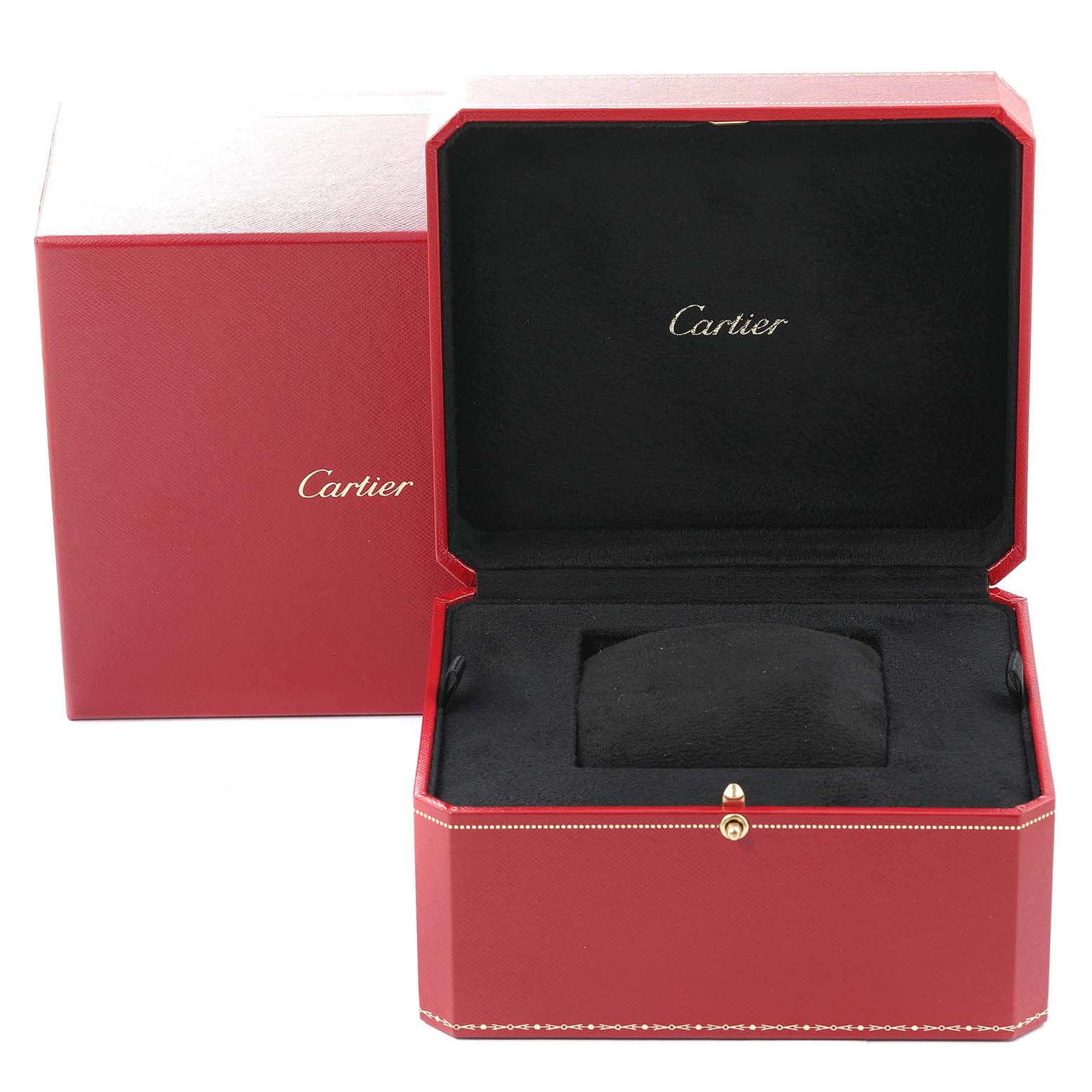The image shows the open and closed red presentation boxes for the Calibre de Cartier watch by Cartier.