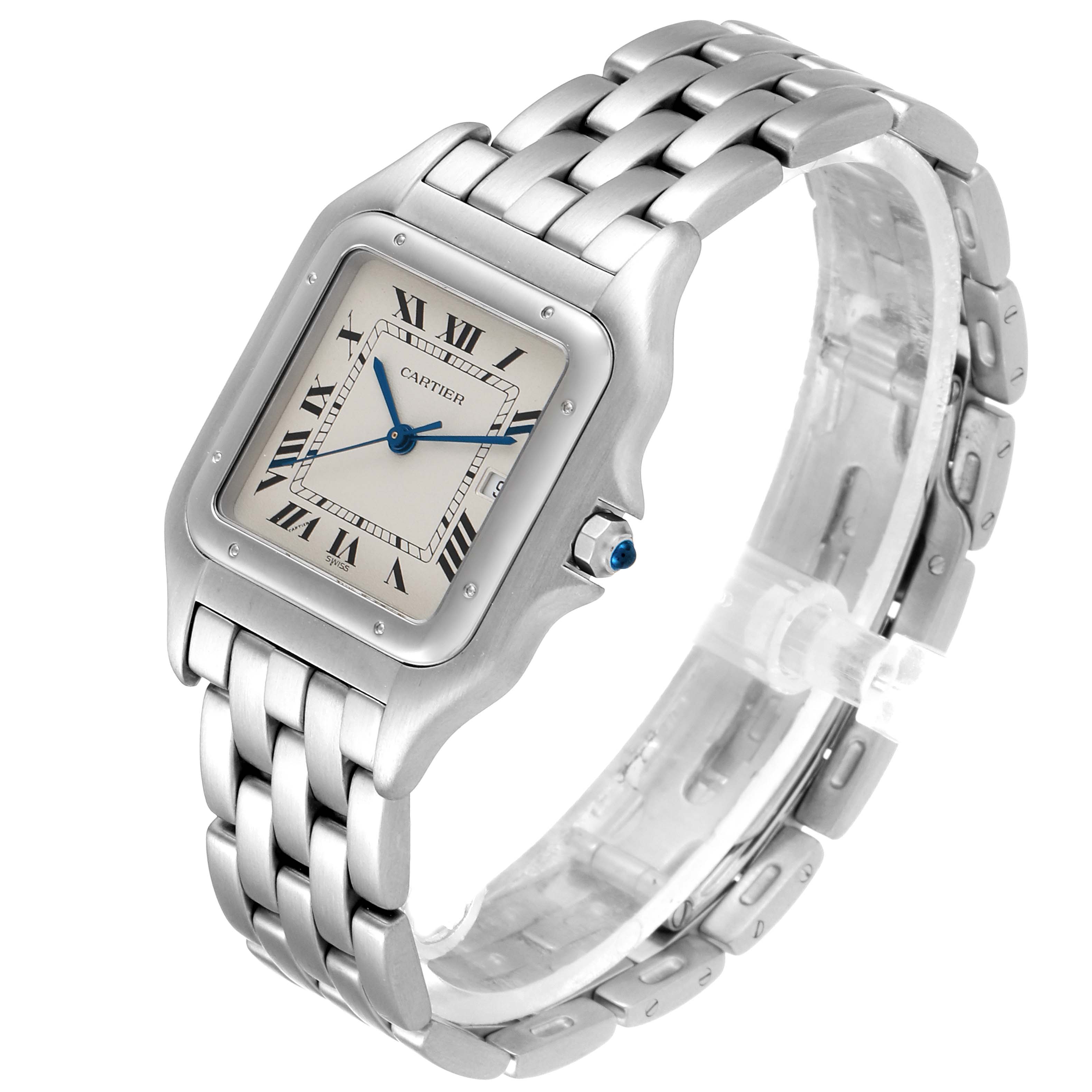 The Cartier Panthere W25032P5 Men's Stainless Steel Silver Dial W25032P5 Men's Stainless Steel Silver Dial watch is shown at an angle displaying the face, bezel, crown, and metal bracelet.