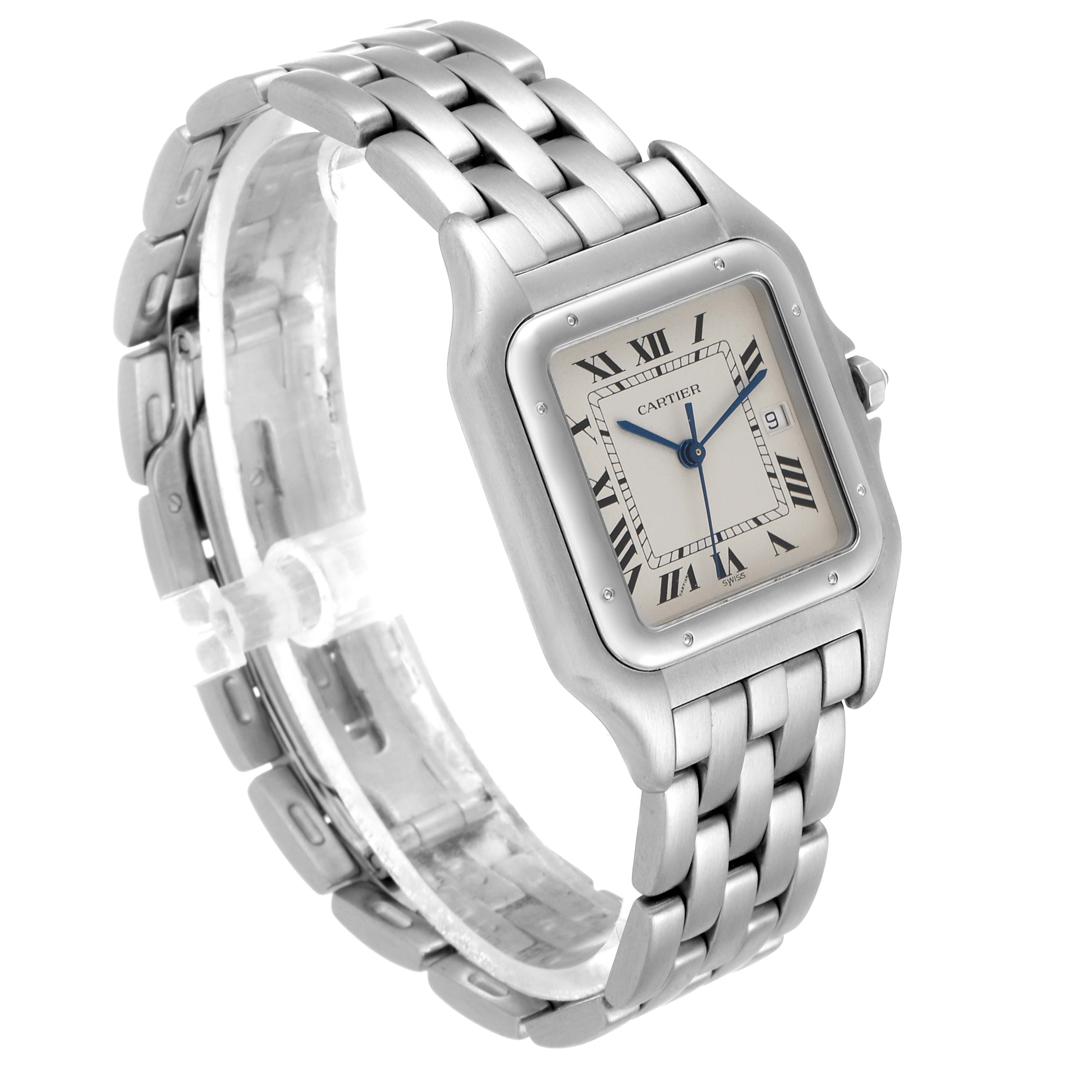 The image shows a 3/4 angle view of the Cartier Panthere W25032P5 Men's Stainless Steel Silver Dial W25032P5 Men's Stainless Steel Silver Dial model watch, highlighting its face, bracelet, and clasp.