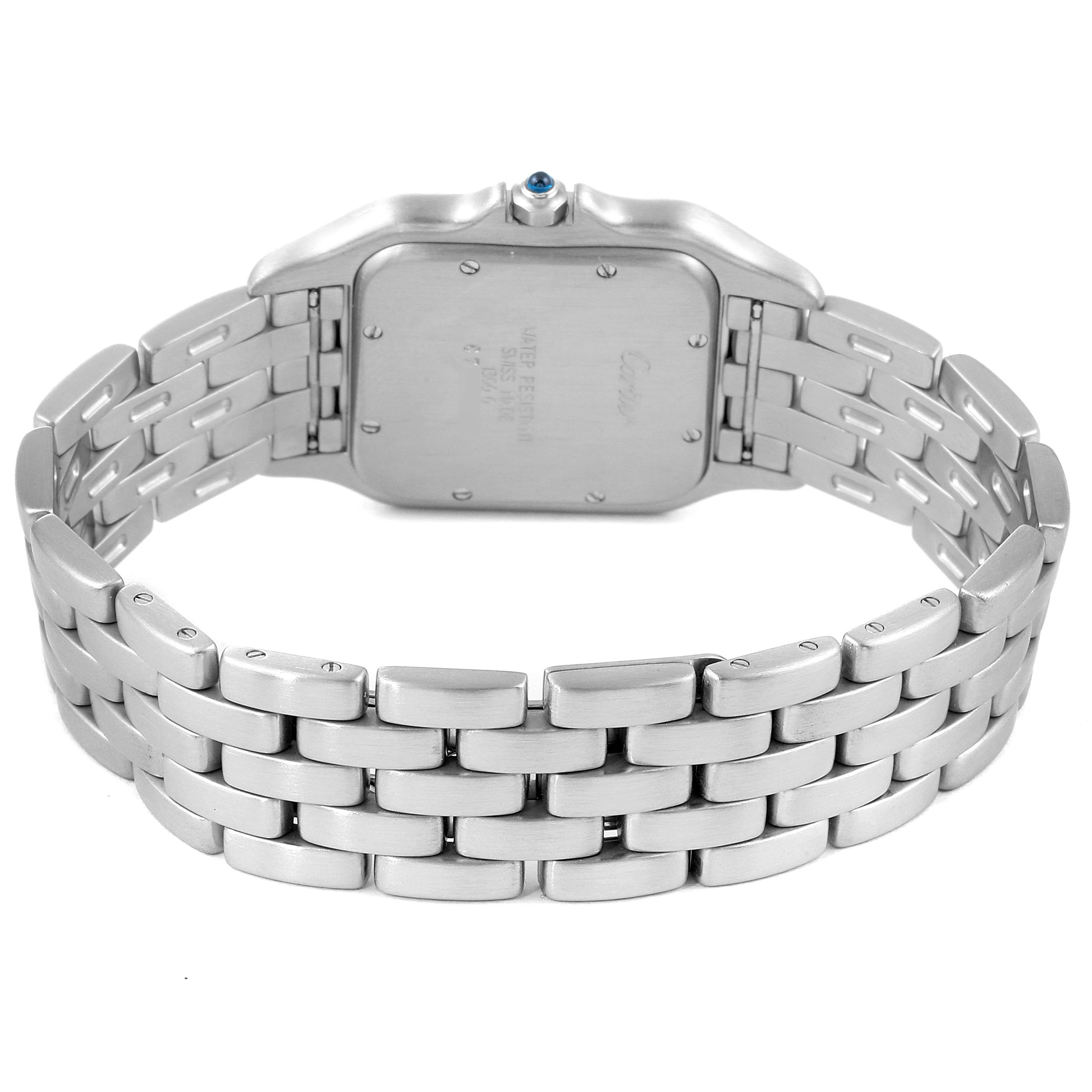 The image shows the back view of the Panthère de Cartier watch, focusing on the caseback and bracelet.