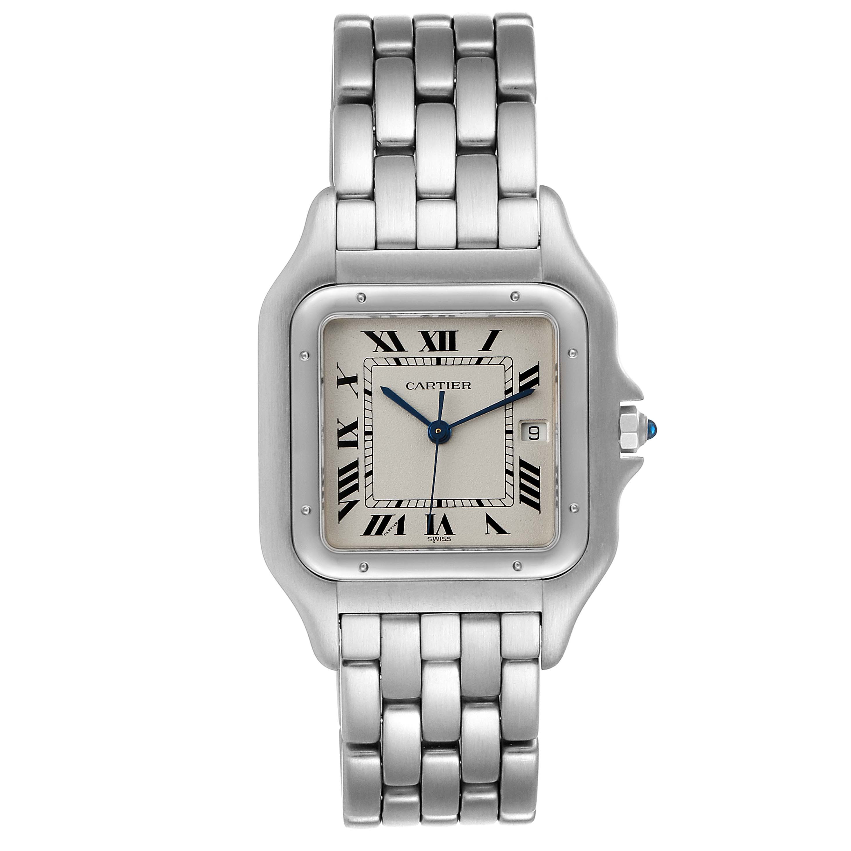 The image shows the front view of a Cartier Panthere W25032P5 Men's Stainless Steel Silver Dial W25032P5 Men's Stainless Steel Silver Dial watch, featuring its dial, hands, bracelet, and visible crown.