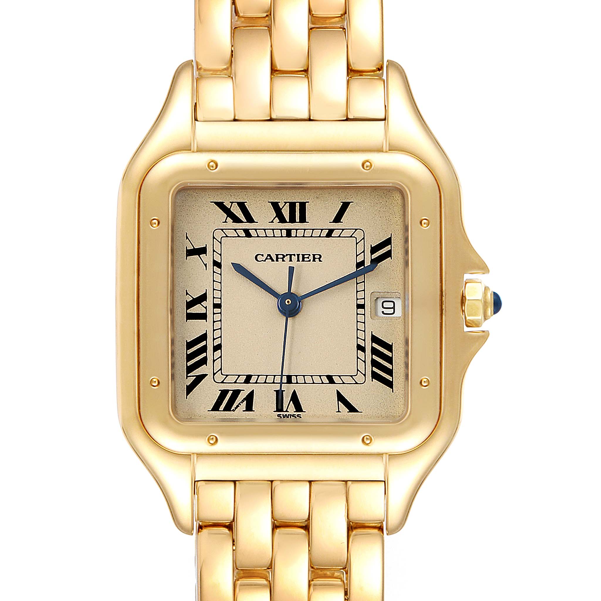 This image shows a frontal view of a Cartier Panthere W25014B9 Men's Yellow Gold Silver Dial W25014B9 Men's Yellow Gold Silver Dial watch, displaying its face, bezel, and bracelet.