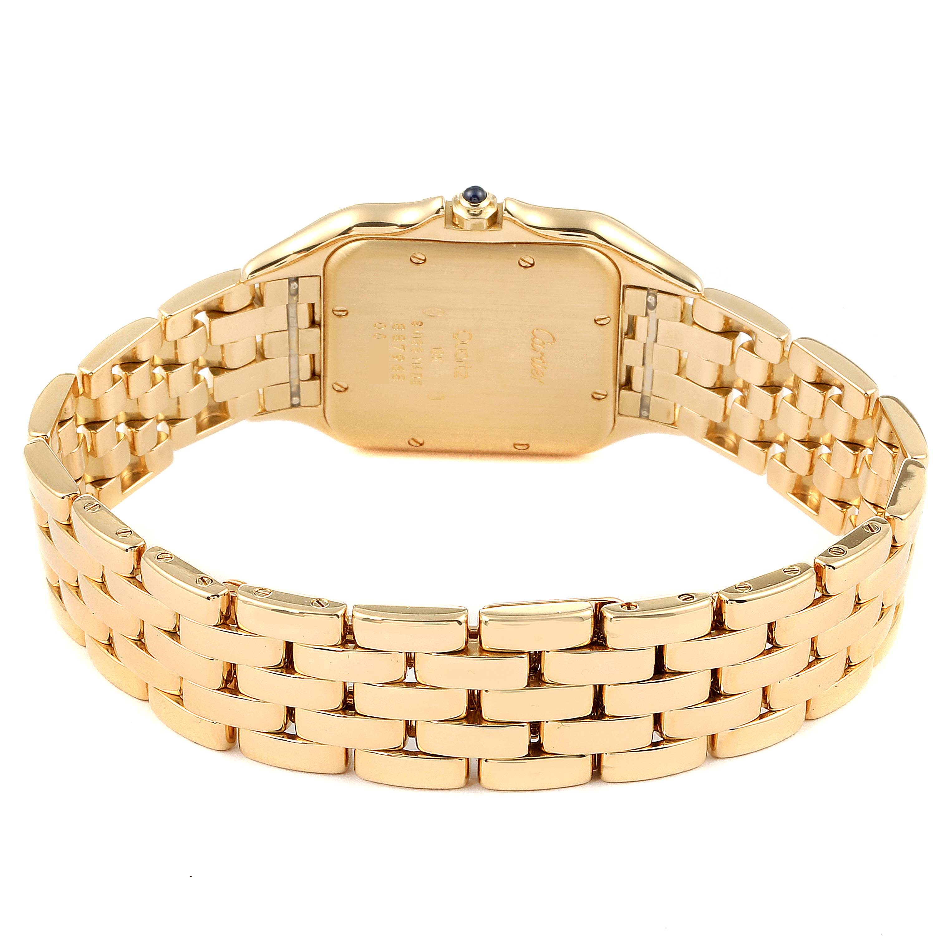 This image shows the back case and gold bracelet of the Cartier Panthere W25014B9 Men's Yellow Gold Silver Dial W25014B9 Men's Yellow Gold Silver Dial watch viewed from a rear angle.