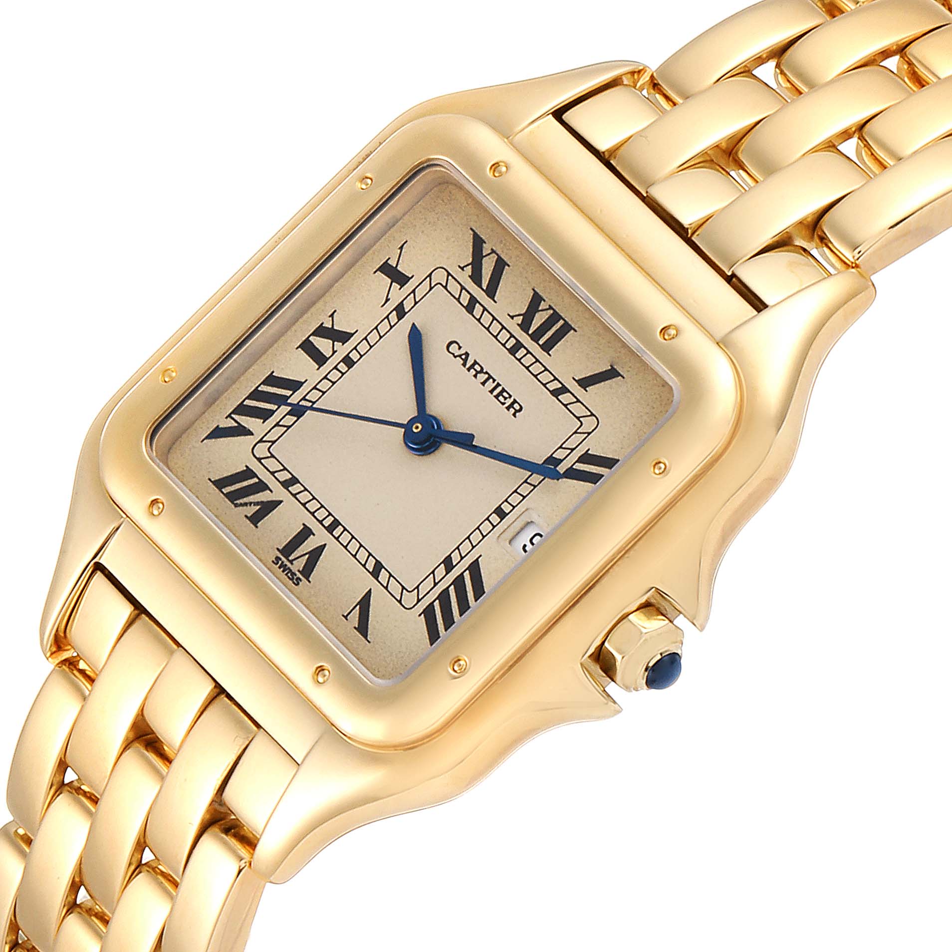 This image shows a Cartier Panthere W25014B9 Men's Yellow Gold Silver Dial W25014B9 Men's Yellow Gold Silver Dial watch at an angled view, highlighting its gold case, bracelet, and Roman numeral dial.