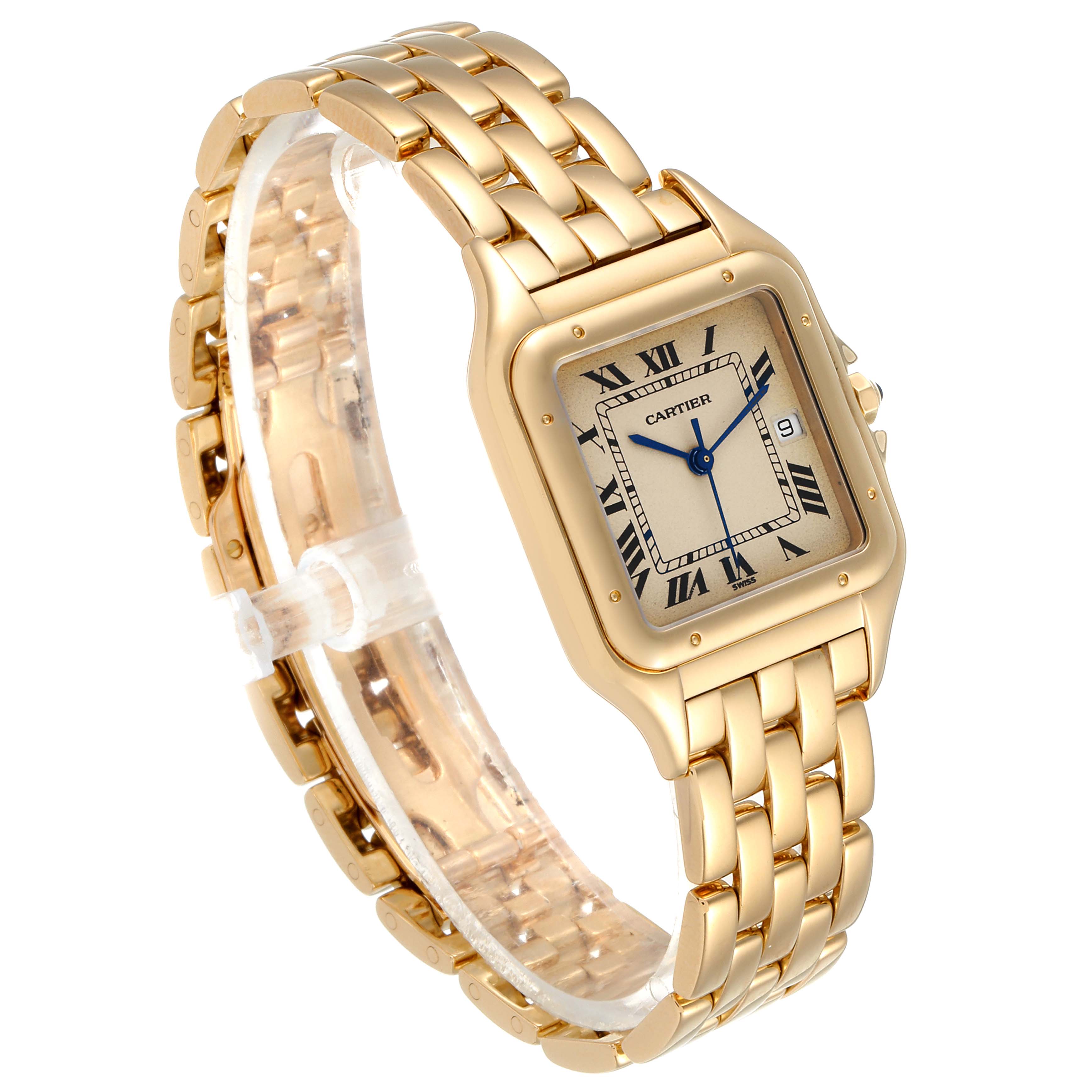 The image shows a Panthere model watch by Cartier at a three-quarter angle, highlighting the face, bracelet, and crown.
