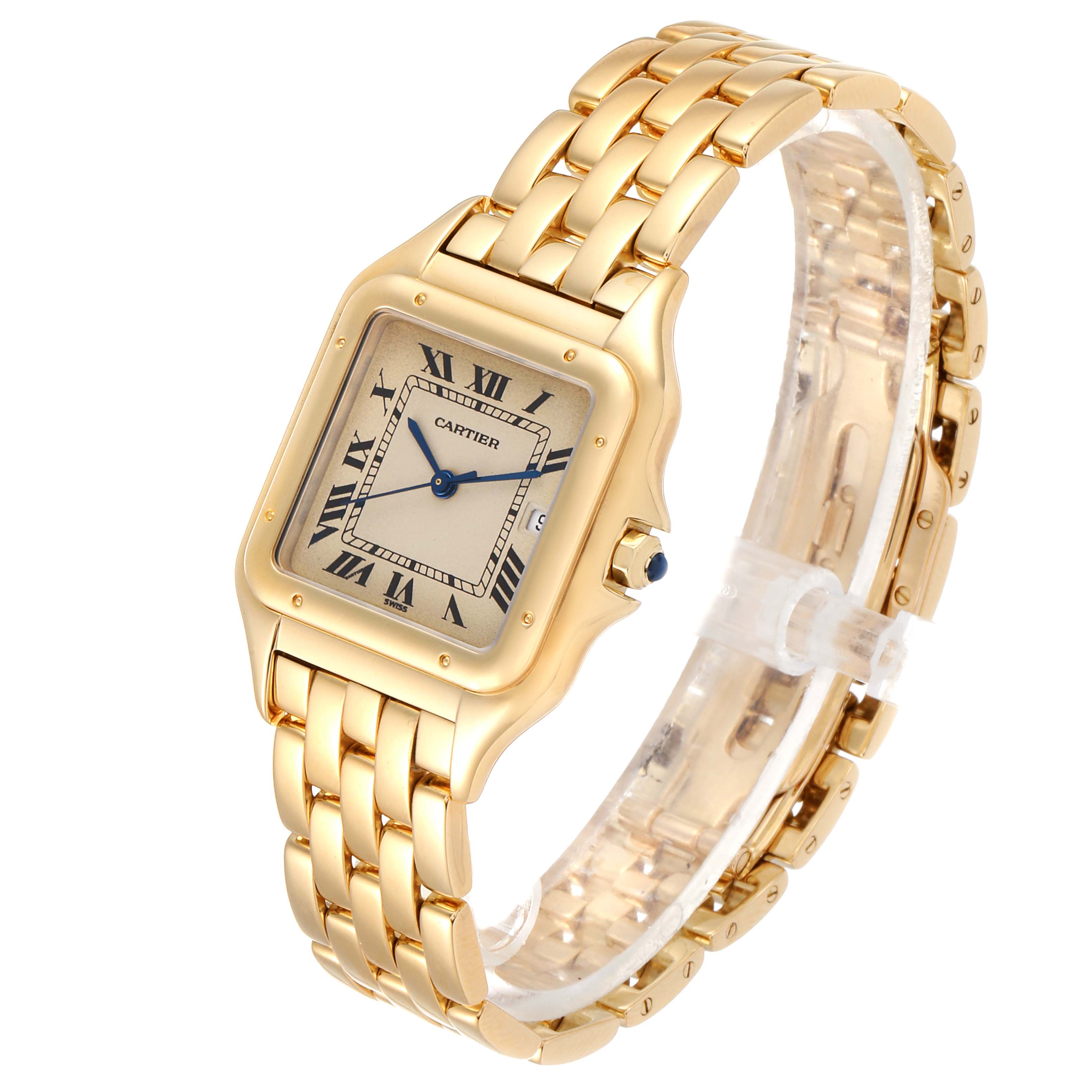 The image shows a Cartier Panthere W25014B9 Men's Yellow Gold Silver Dial W25014B9 Men's Yellow Gold Silver Dial model watch at an angled view, highlighting its face, gold bracelet, and bezel.
