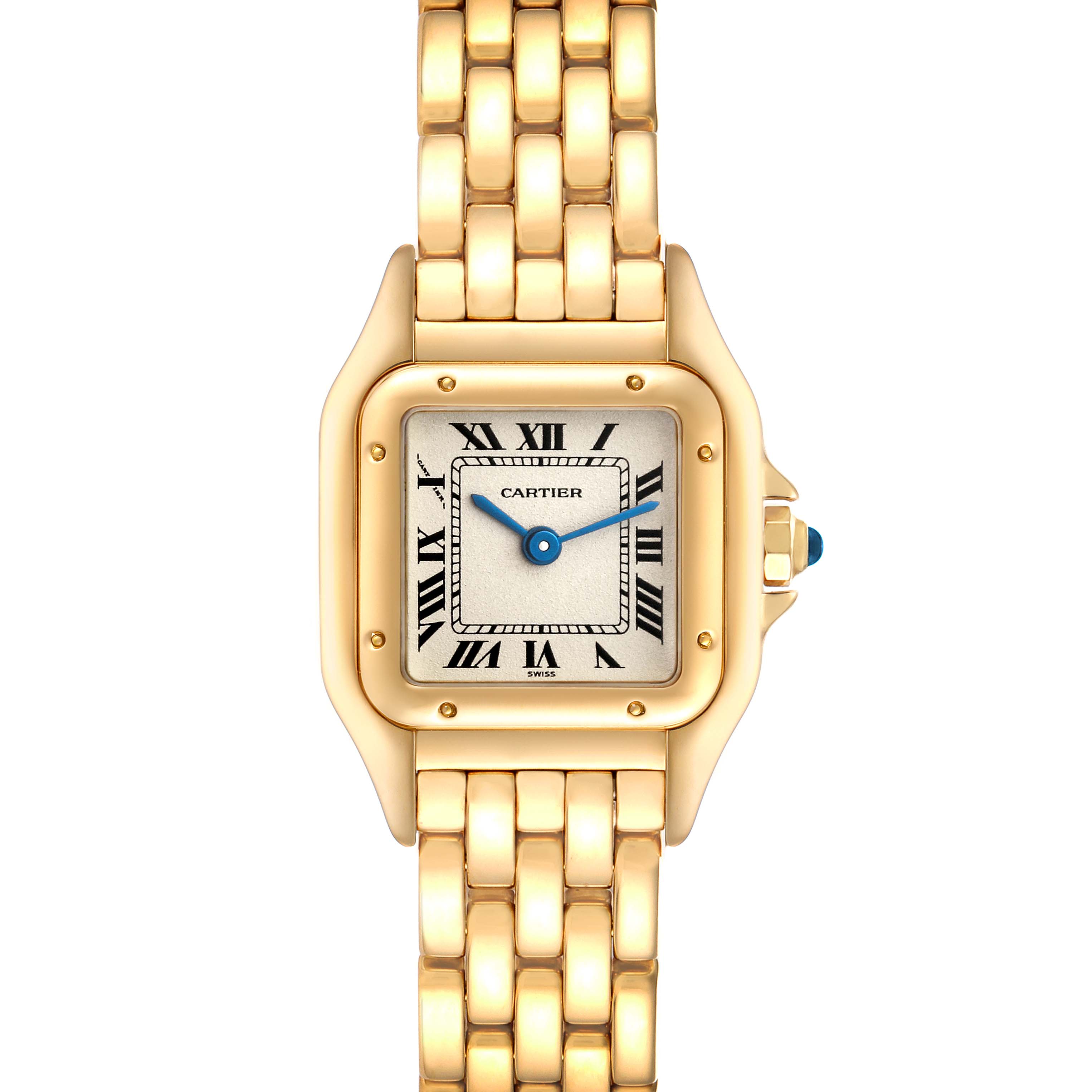 The image shows a front view of a Cartier Panthere 107000M Women's Yellow Gold Silver Dial 107000M Women's Yellow Gold Silver Dial model watch, highlighting the dial, hands, and gold bracelet.