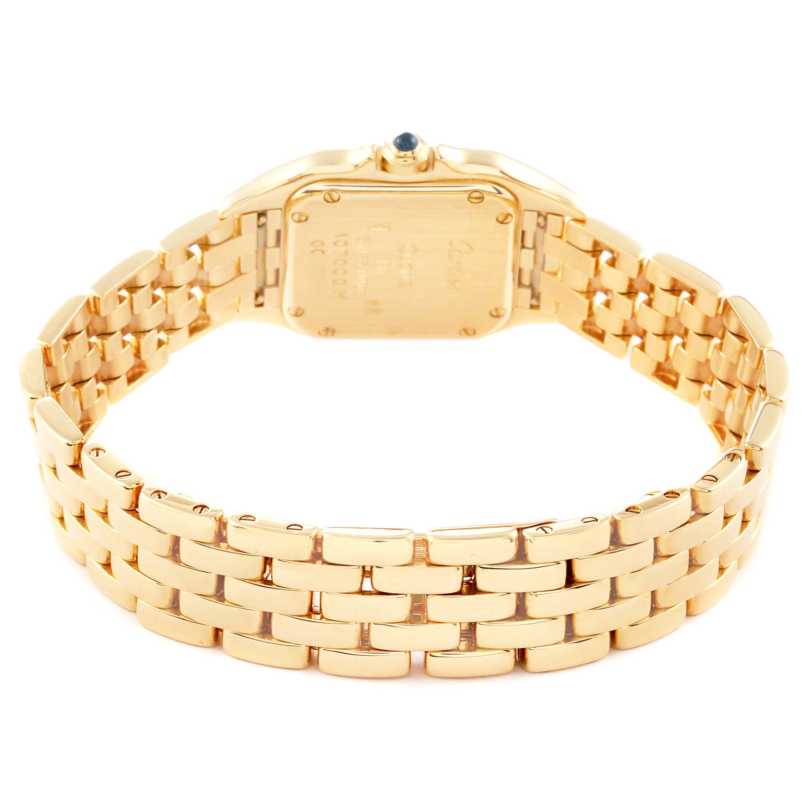 The image shows the back and strap of a Cartier Panthere 107000M Women's Yellow Gold Silver Dial 107000M Women's Yellow Gold Silver Dial watch, highlighting its gold bracelet and case.