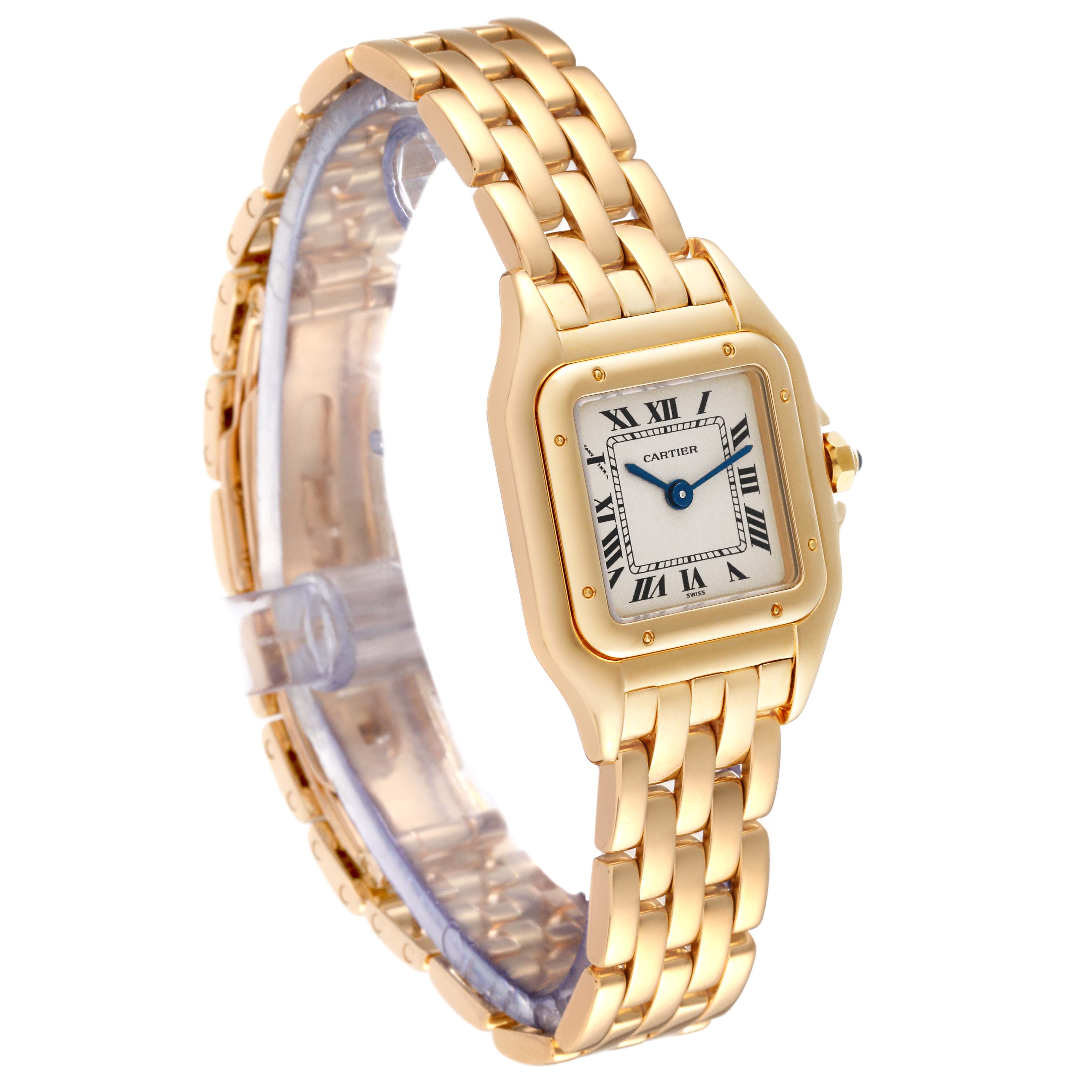 The Cartier Panthere 107000M Women's Yellow Gold Silver Dial 107000M Women's Yellow Gold Silver Dial model watch is shown at a three-quarter angle, displaying the face, bracelet, and crown.