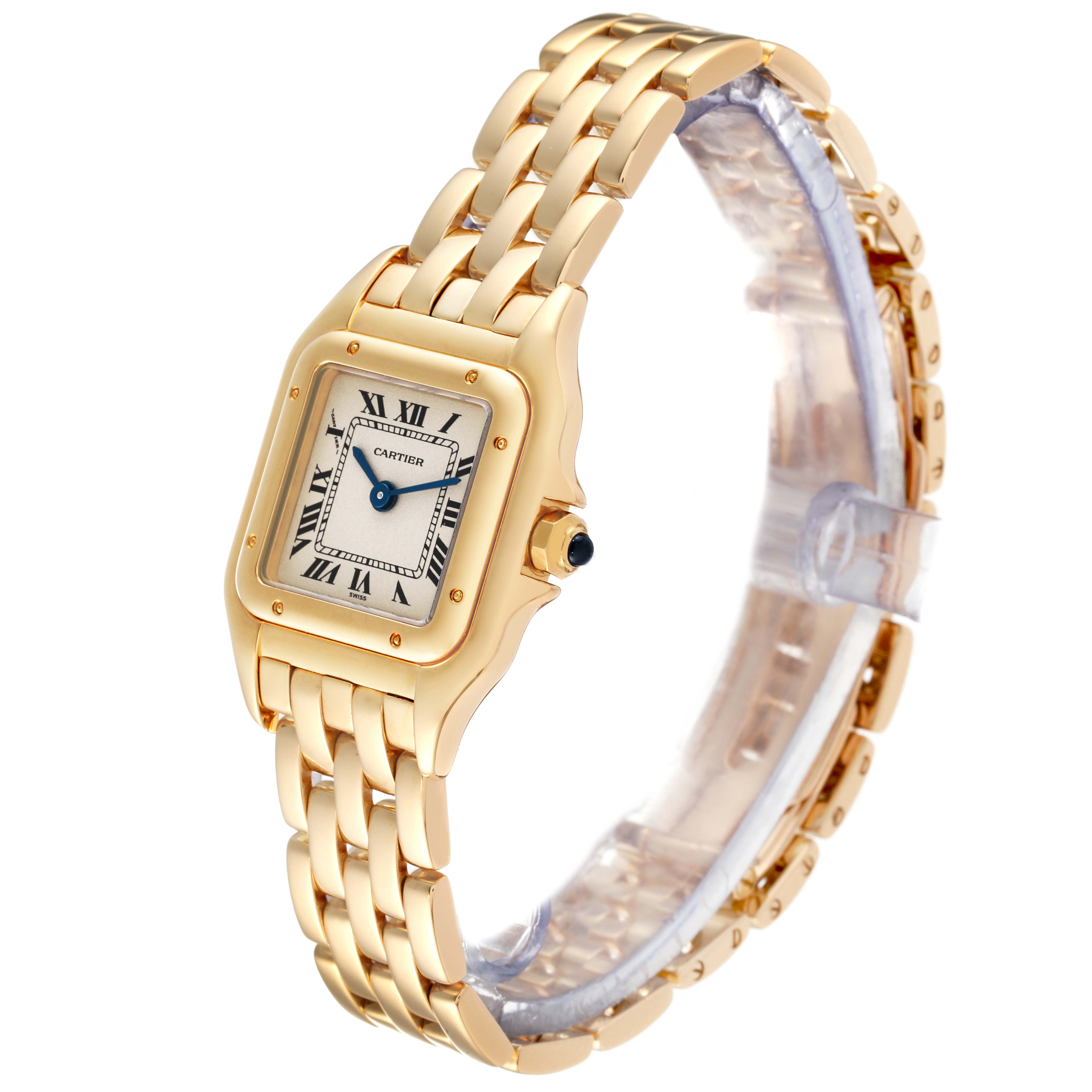 The image shows a Cartier Panthere 107000M Women's Yellow Gold Silver Dial 107000M Women's Yellow Gold Silver Dial model watch from an angled side view, highlighting the face, bracelet, and crown with a blue gem.