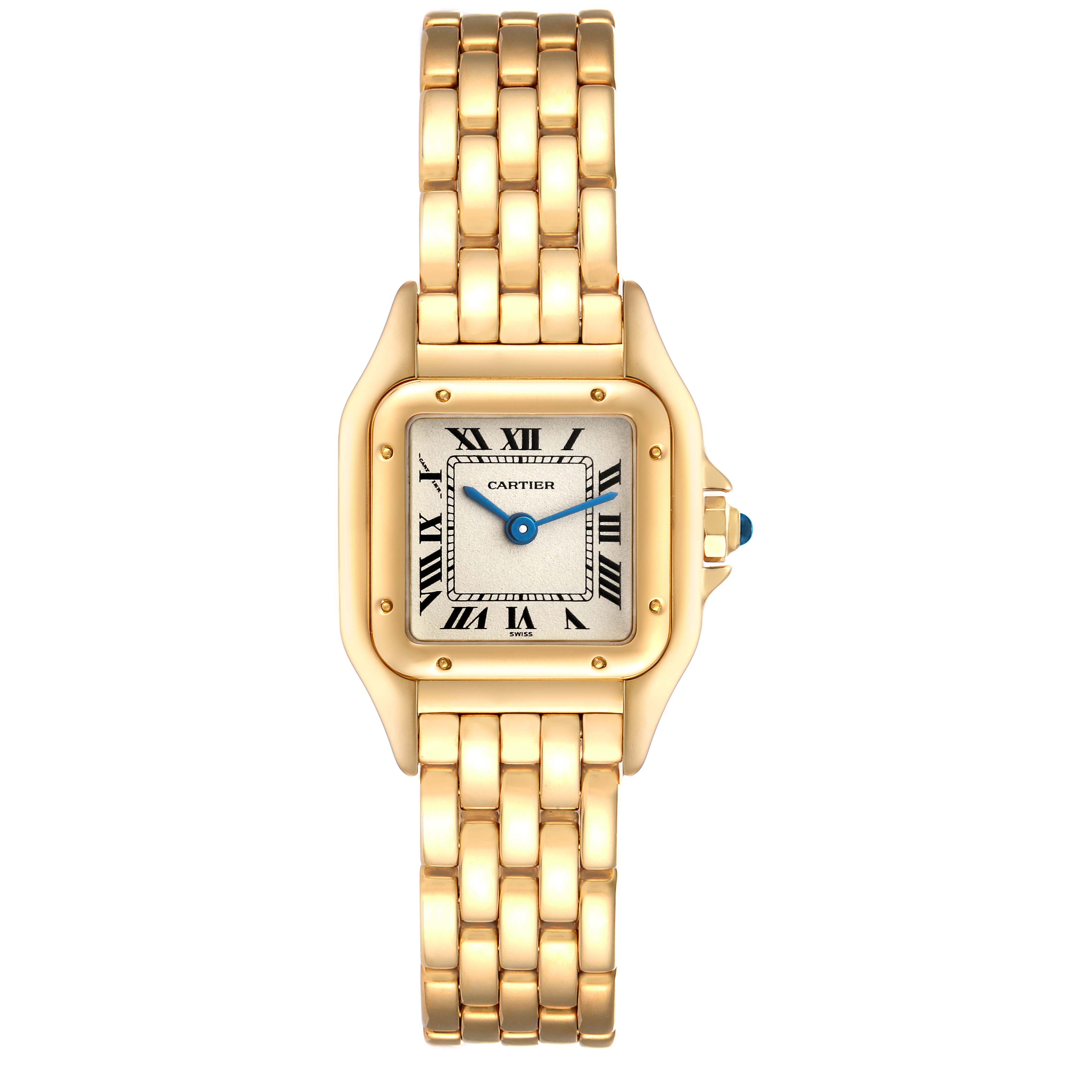 The image shows a front view of the Cartier Panthere 107000M Women's Yellow Gold Silver Dial 107000M Women's Yellow Gold Silver Dial watch, highlighting its gold bracelet and square dial.