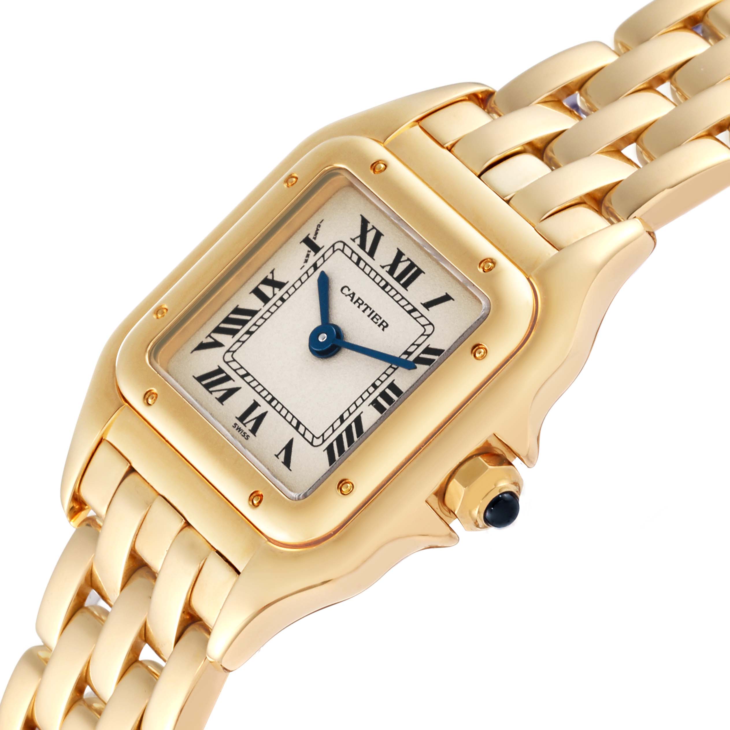 The image shows a close-up, angled view of the Cartier Panthere 107000M Women's Yellow Gold Silver Dial 107000M Women's Yellow Gold Silver Dial watch, highlighting the face and part of the gold bracelet.