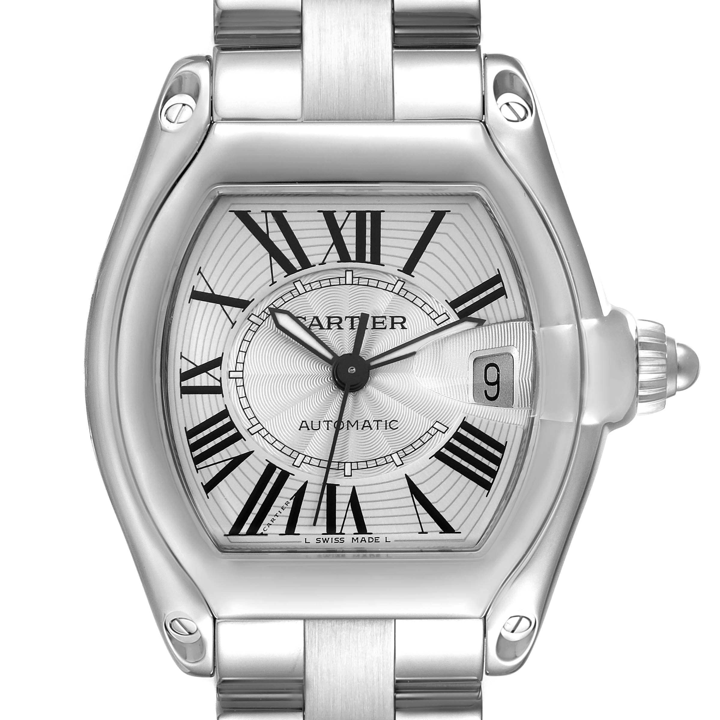 The image shows a front view of the Cartier Roadster W62025V3 Men's Stainless Steel Silver Dial W62025V3 Men's Stainless Steel Silver Dial model watch, highlighting the dial, hands, case, and part of the bracelet.