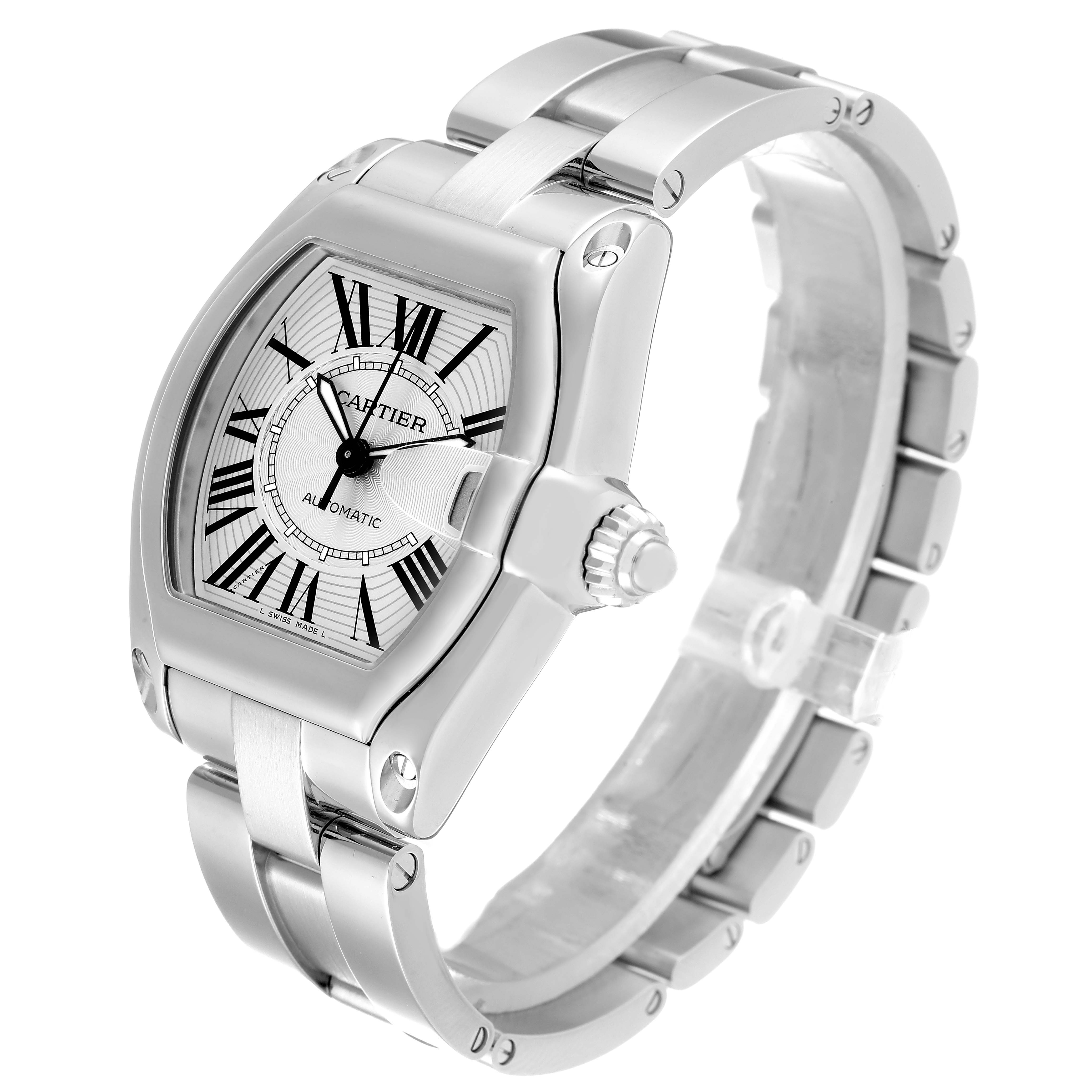 The image shows a Cartier Roadster W62025V3 Men's Stainless Steel Silver Dial W62025V3 Men's Stainless Steel Silver Dial watch at a slight angle, highlighting the dial, case, and bracelet.