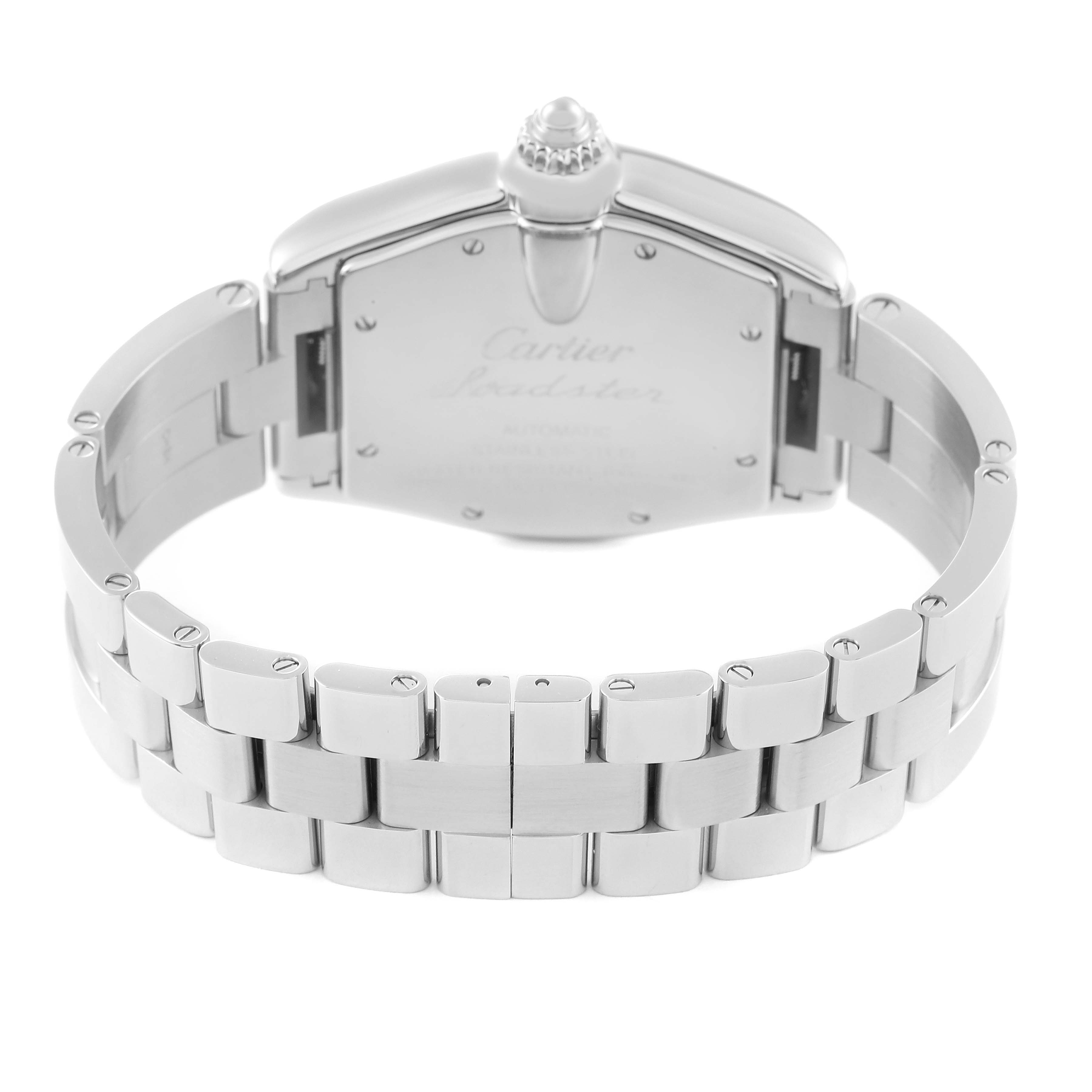 The image shows the back of the Cartier Roadster W62025V3 Men's Stainless Steel Silver Dial W62025V3 Men's Stainless Steel Silver Dial watch, highlighting the bracelet and case back.