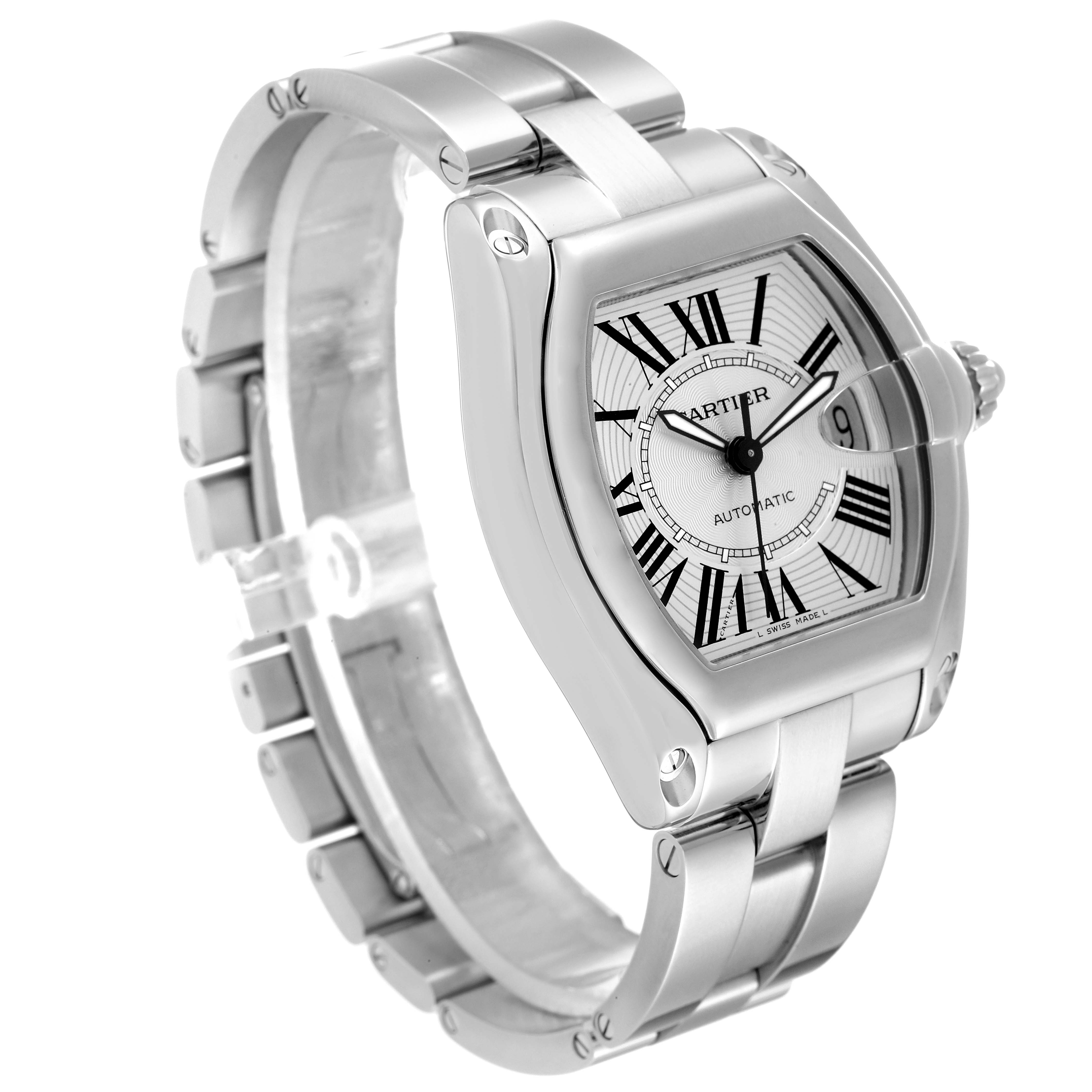 The image shows a silver Cartier Roadster W62025V3 Men's Stainless Steel Silver Dial W62025V3 Men's Stainless Steel Silver Dial watch at a three-quarter angle, displaying the face, bracelet, and part of the case.