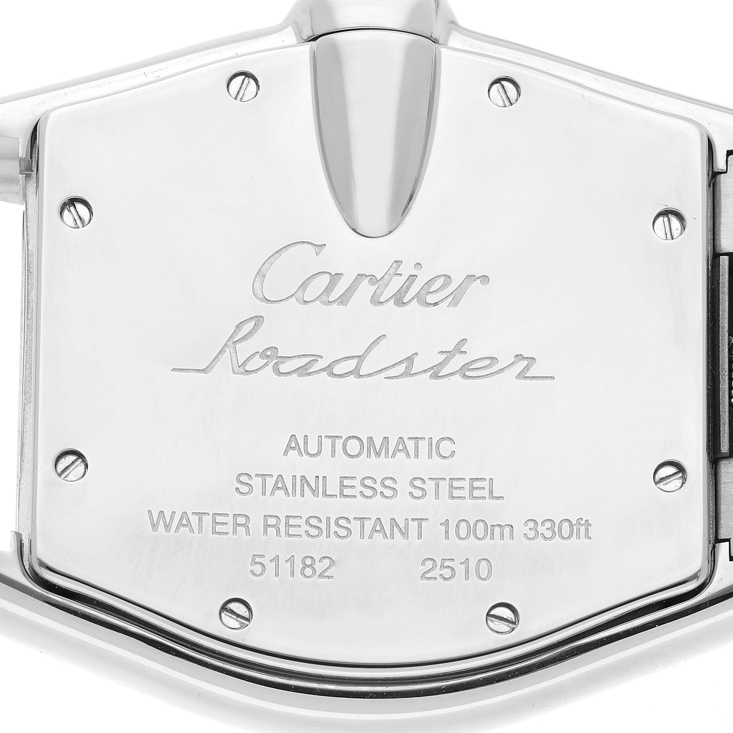 The image shows the back of a Cartier Roadster W62025V3 Men's Stainless Steel Silver Dial W62025V3 Men's Stainless Steel Silver Dial watch, detailing its specifications.