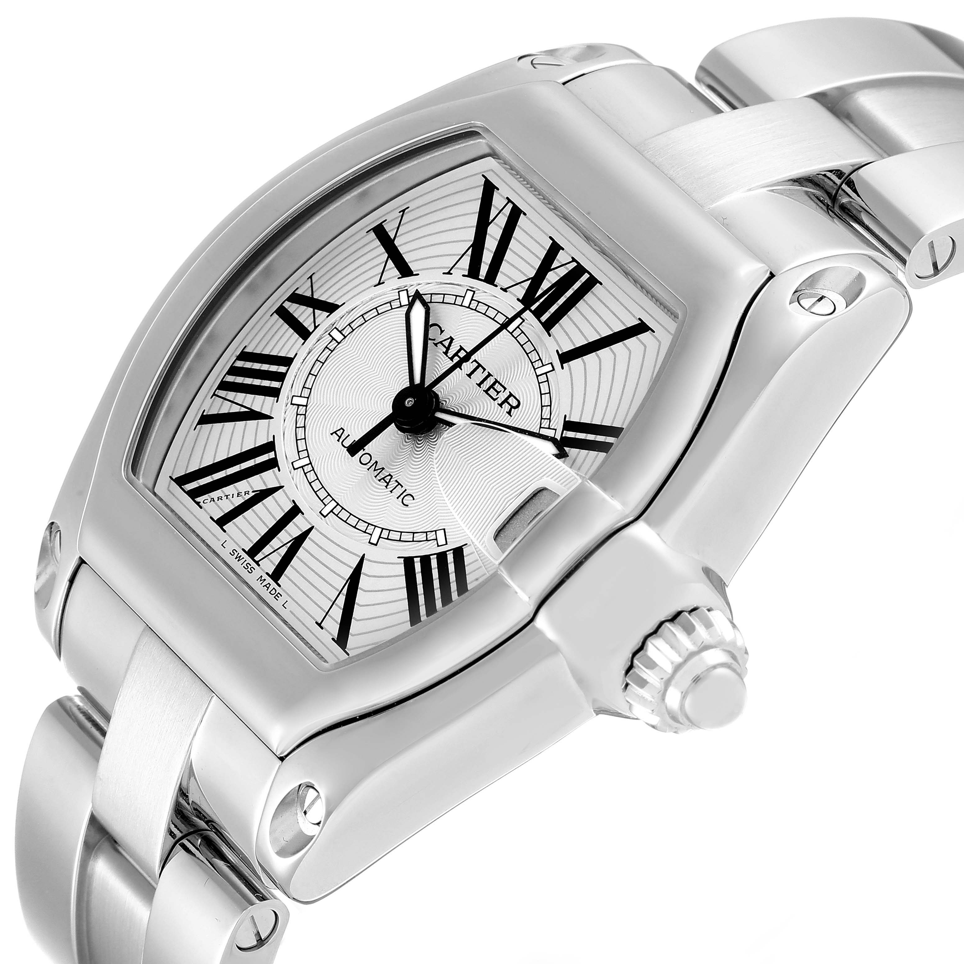 This image shows a close-up angled view of the dial, bezel, and part of the bracelet of the Cartier Roadster W62025V3 Men's Stainless Steel Silver Dial W62025V3 Men's Stainless Steel Silver Dial watch.