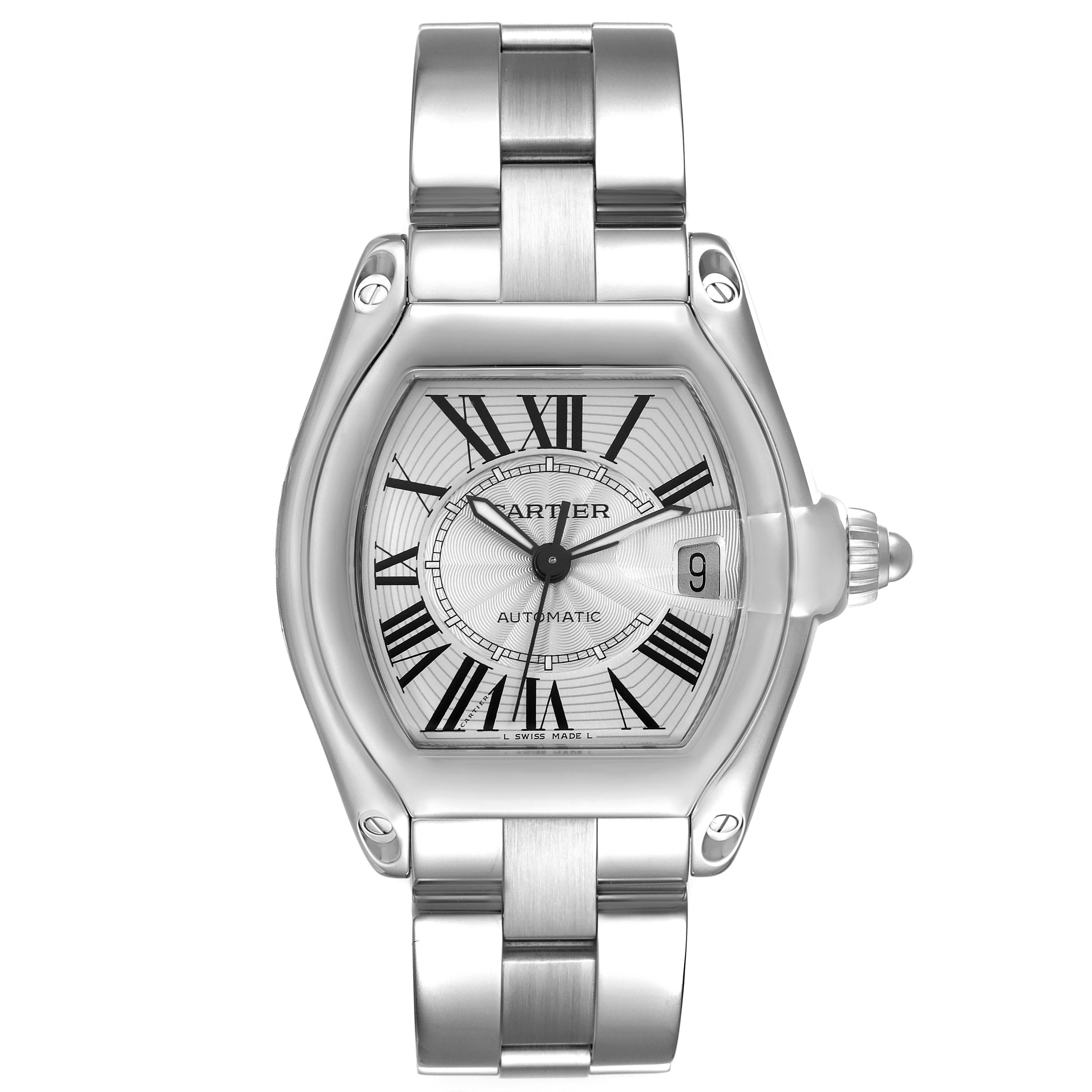 This image shows the front view of a Cartier Roadster W62025V3 Men's Stainless Steel Silver Dial W62025V3 Men's Stainless Steel Silver Dial watch, displaying its face, dial, and metal bracelet.