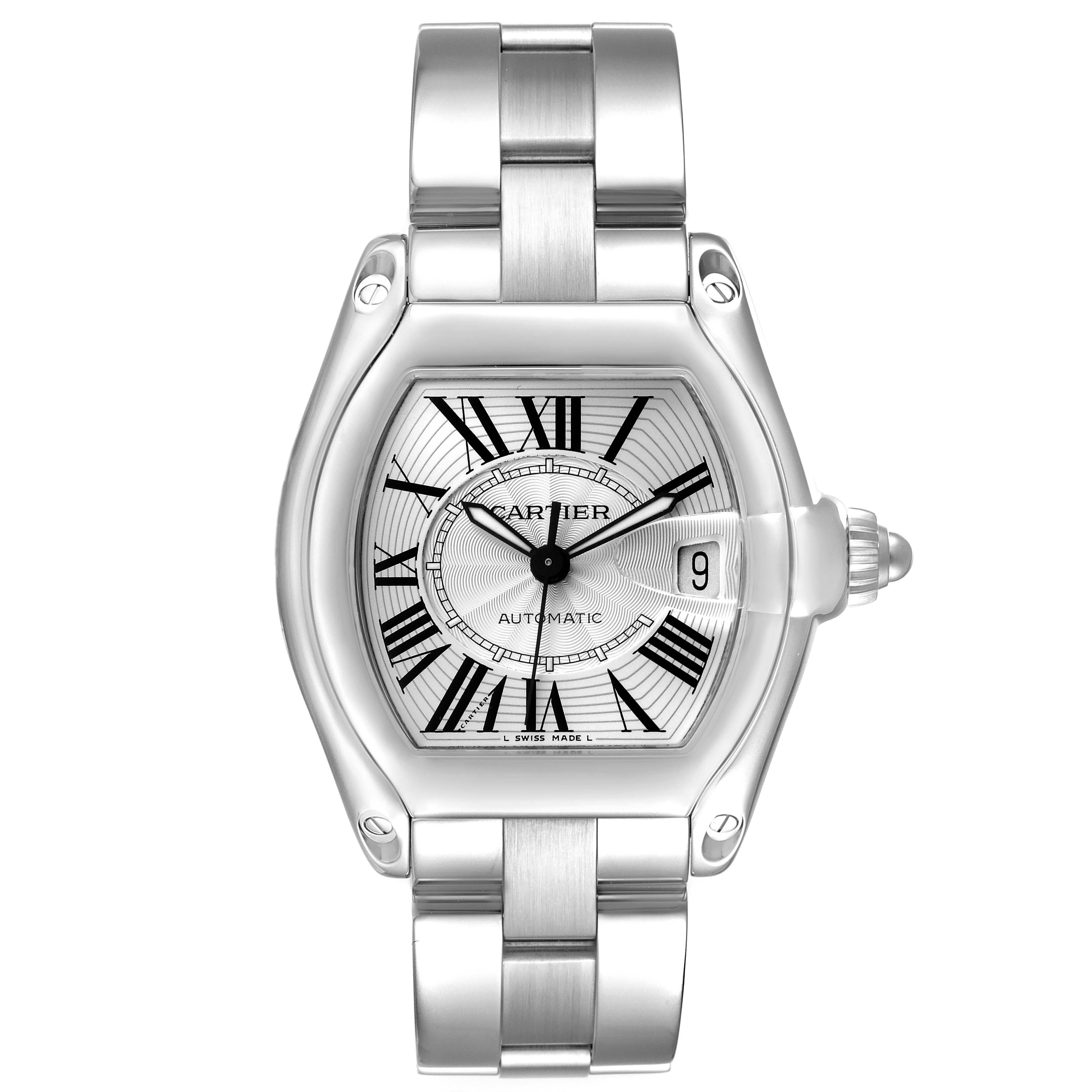 The Cartier Roadster W62025V3 Men's Stainless Steel Silver Dial watch is shown from a front angle, highlighting the face, case, bracelet, and crown.
