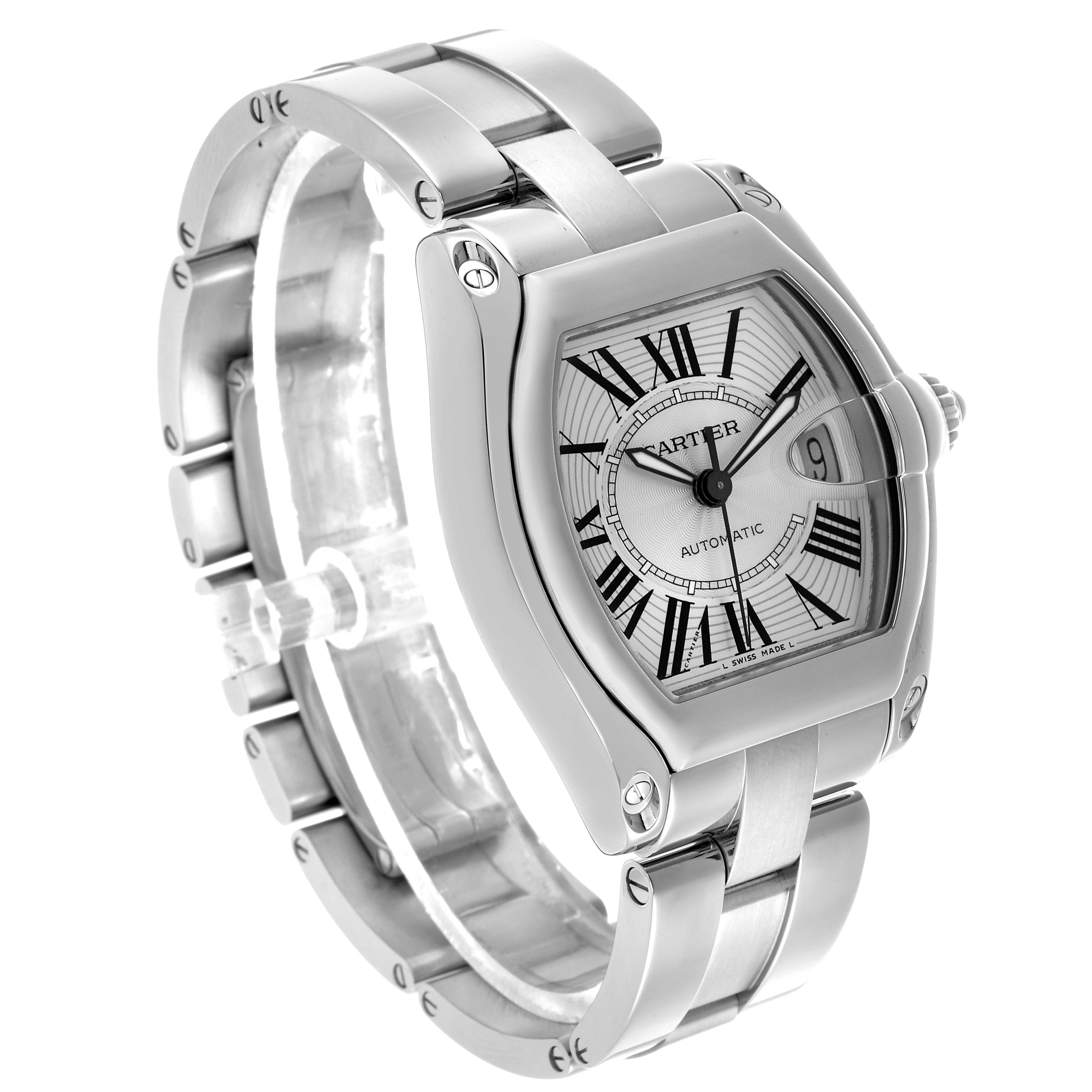 The Cartier Roadster W62025V3 Men's Stainless Steel Silver Dial watch is shown at a three-quarter angle, highlighting the face, bezel, and bracelet.