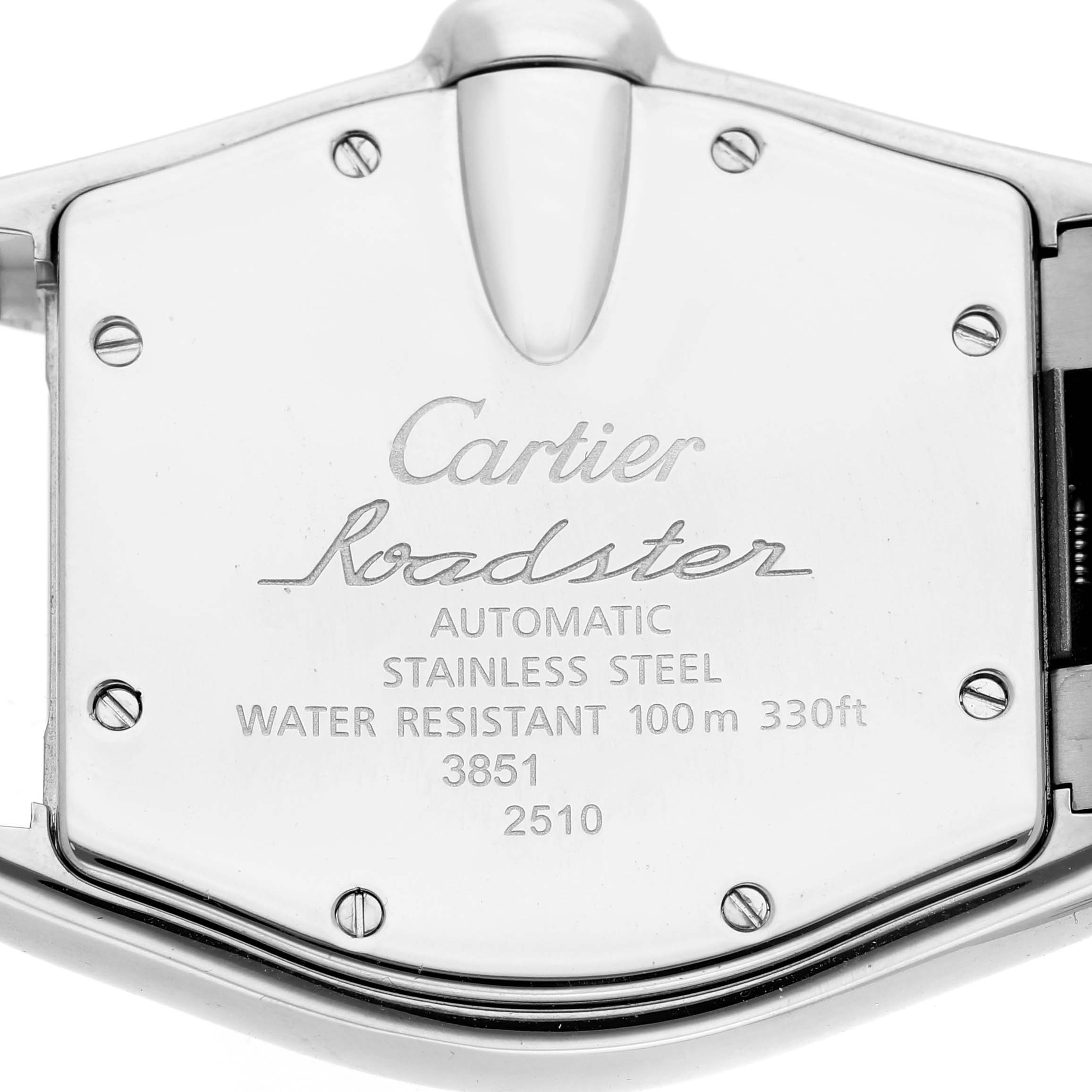 The image shows the back case of a Cartier Roadster W62025V3 Men's Stainless Steel Silver Dial watch, highlighting its brand details and specifications.