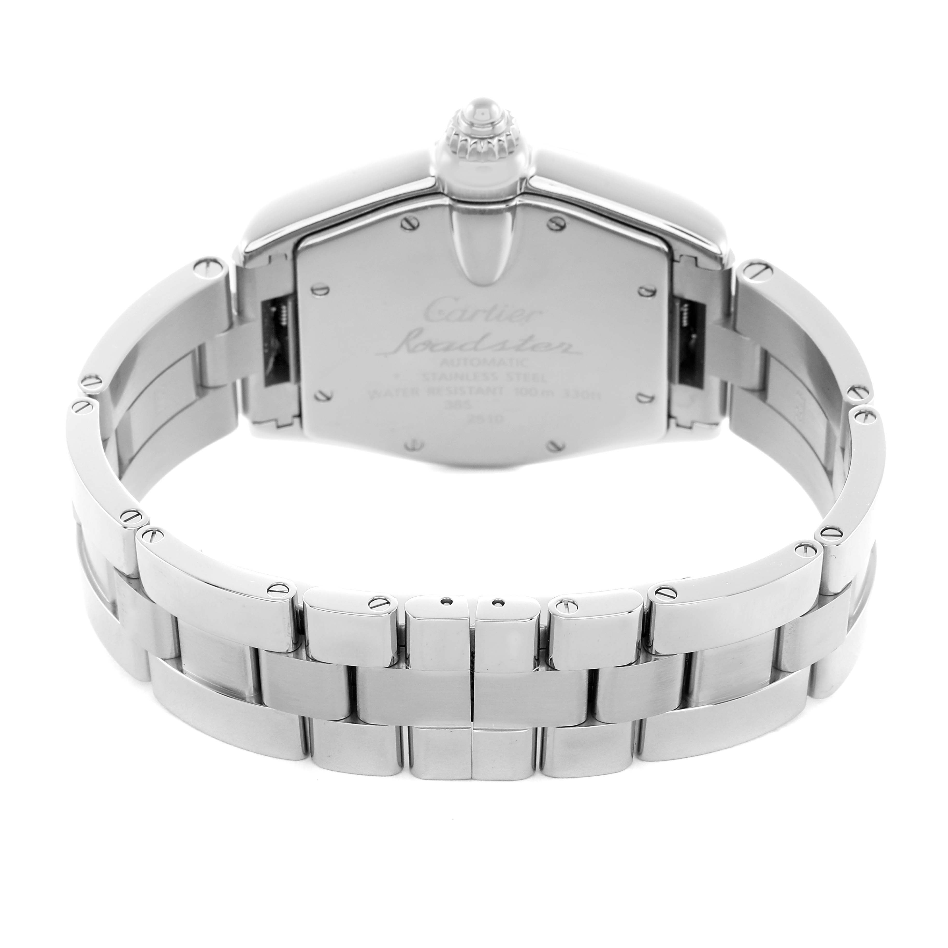 The Cartier Roadster W62025V3 Men's Stainless Steel Silver Dial watch is shown from the back, highlighting the case back and stainless steel bracelet.