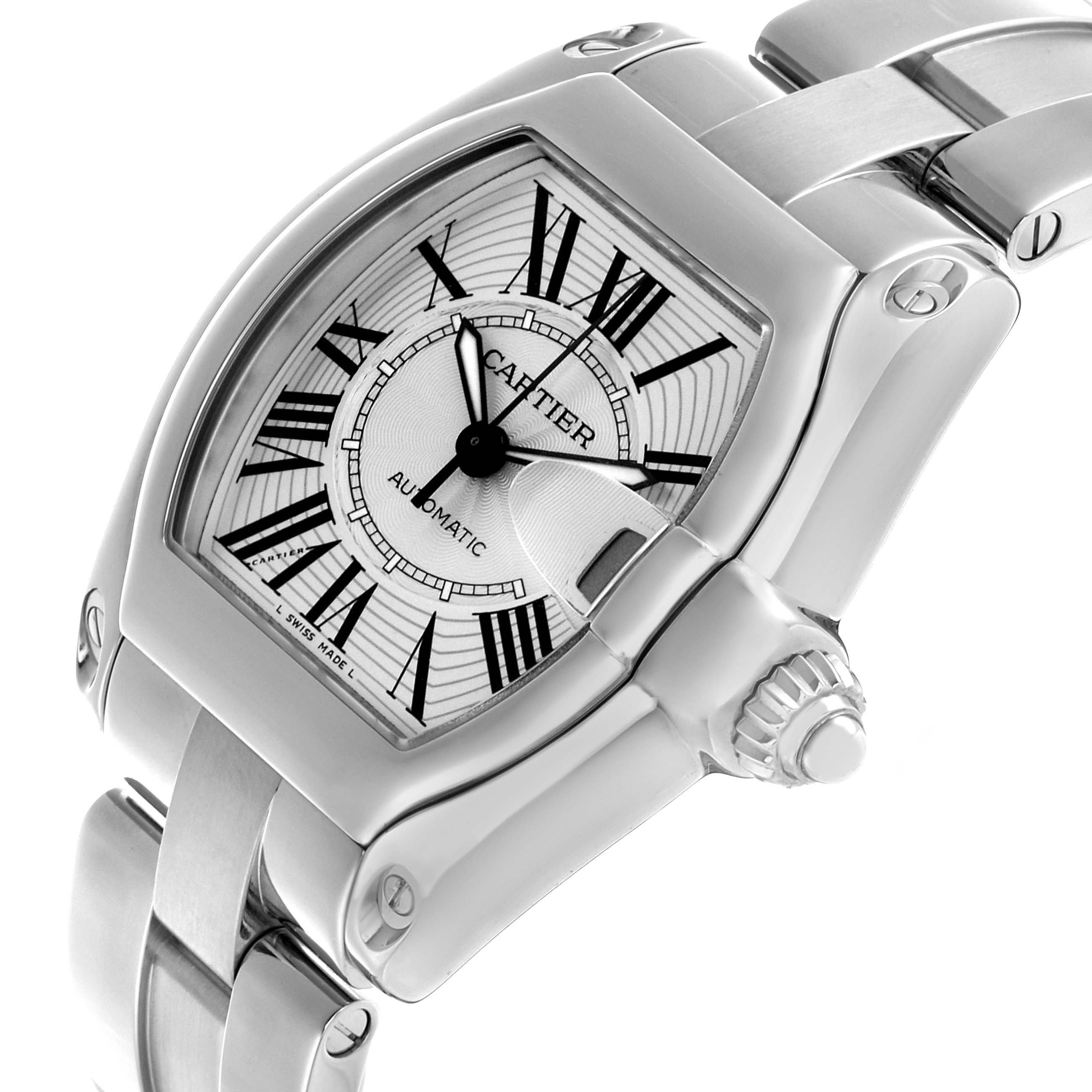 The Cartier Roadster W62025V3 Men's Stainless Steel Silver Dial watch is shown at a slight angle, highlighting the dial, crown, and part of the bracelet.