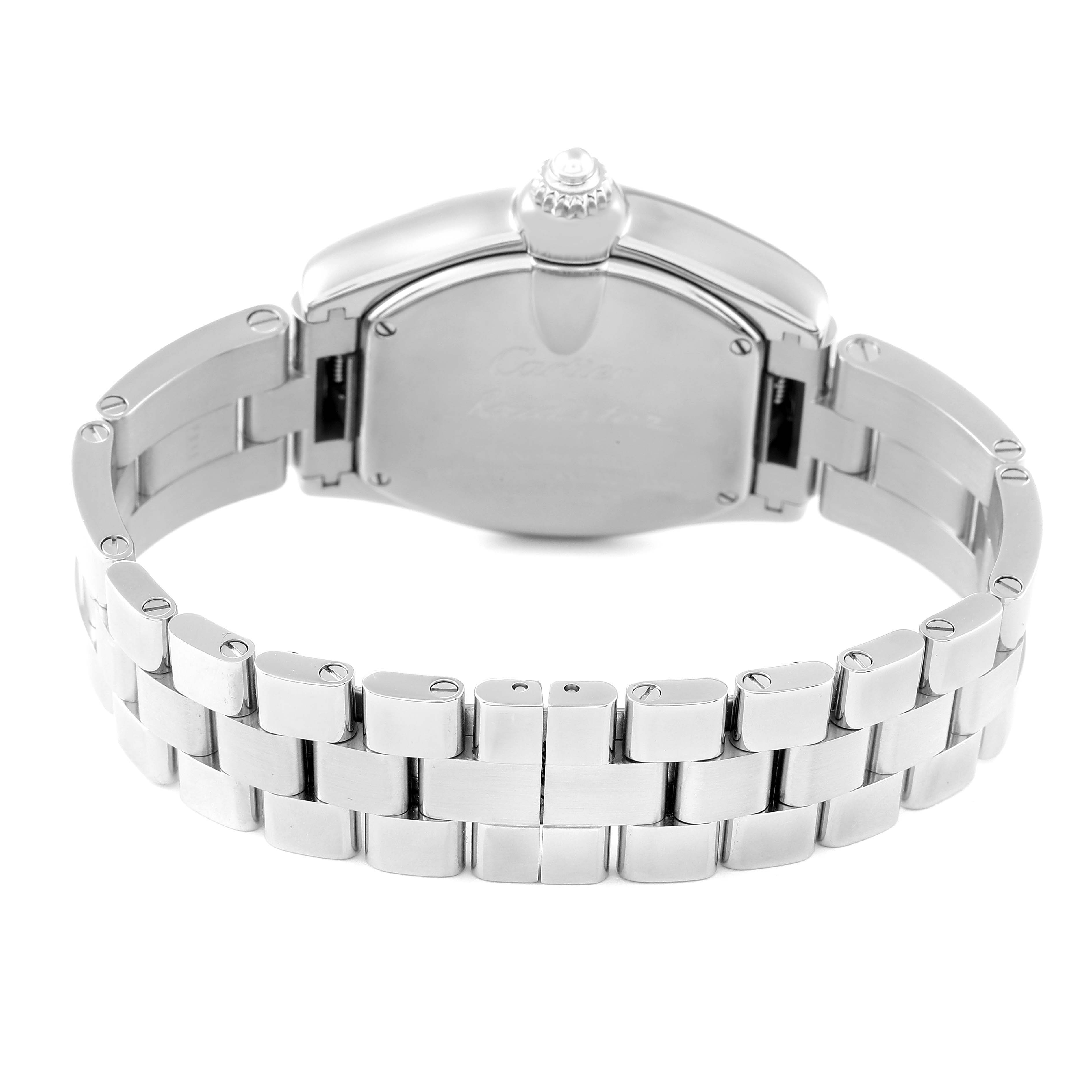 This image shows the back and bracelet of a Cartier Roadster W62016V3 Women's Stainless Steel Silver Dial W62016V3 Women's Stainless Steel Silver Dial watch, focusing on the clasp and links.