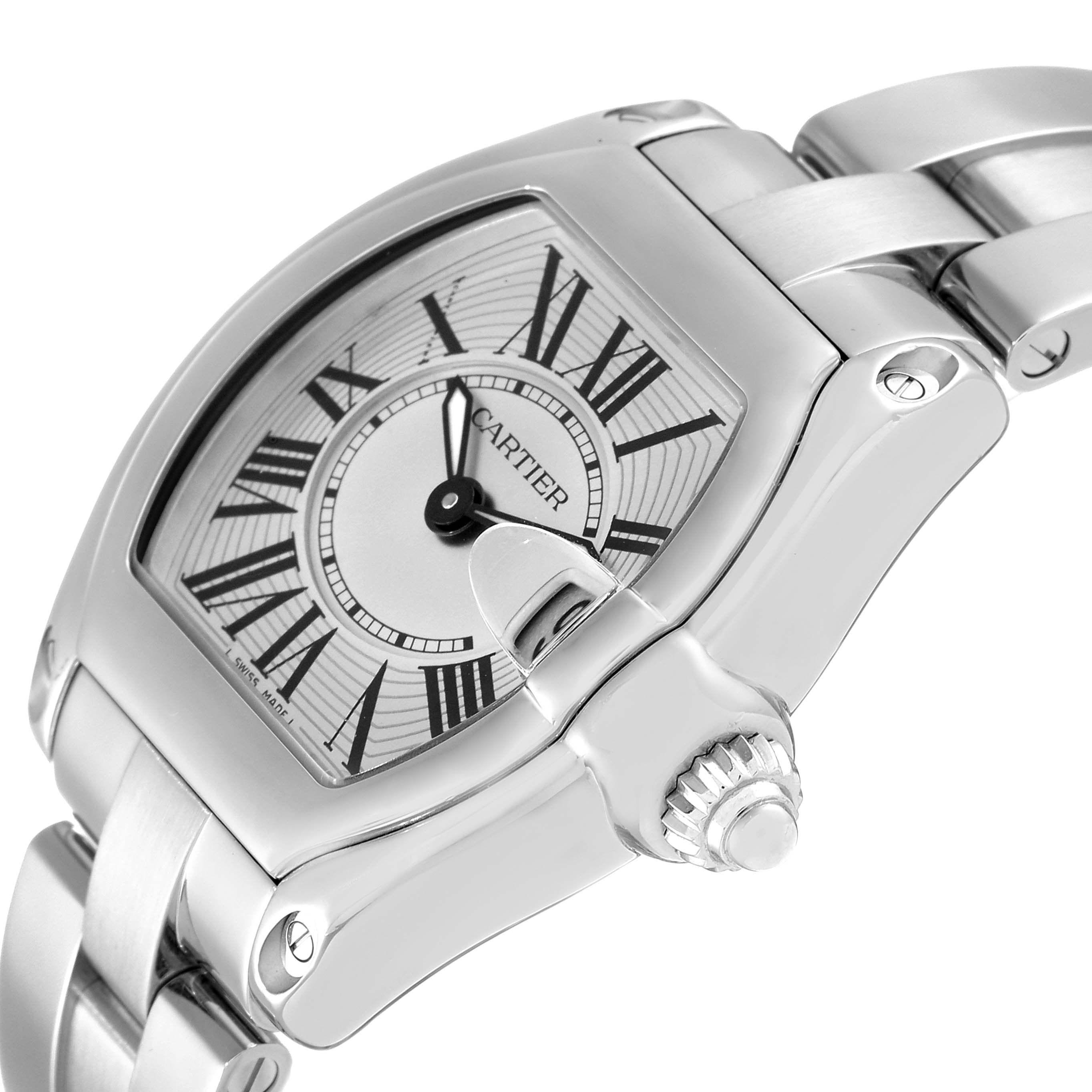 This image shows a Cartier Roadster W62016V3 Women's Stainless Steel Silver Dial W62016V3 Women's Stainless Steel Silver Dial watch angled to display the watch face, crown, and part of the bracelet.