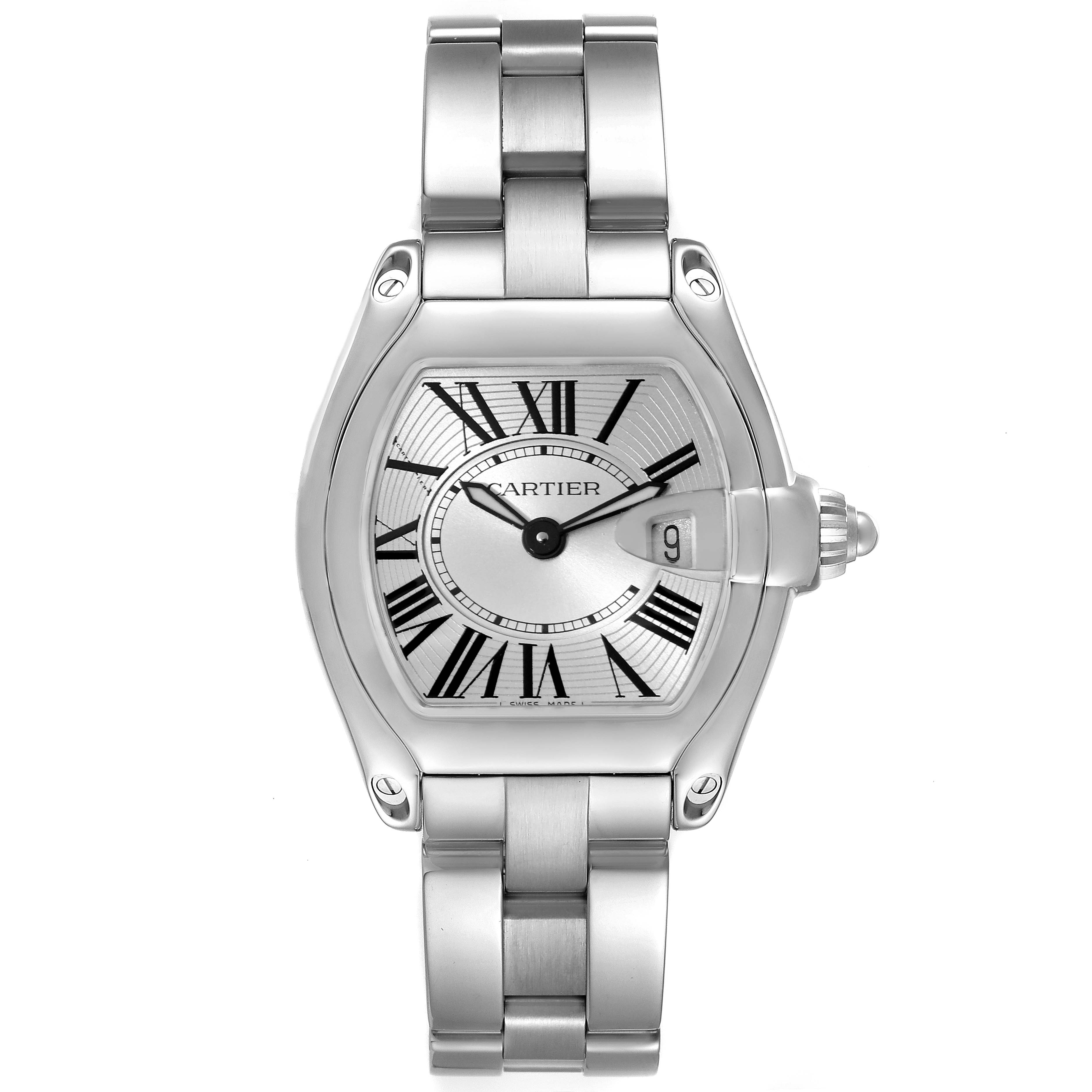 This image shows a Cartier Roadster W62016V3 Women's Stainless Steel Silver Dial W62016V3 Women's Stainless Steel Silver Dial watch from a front angle, displaying its face, bezel, and stainless steel bracelet.