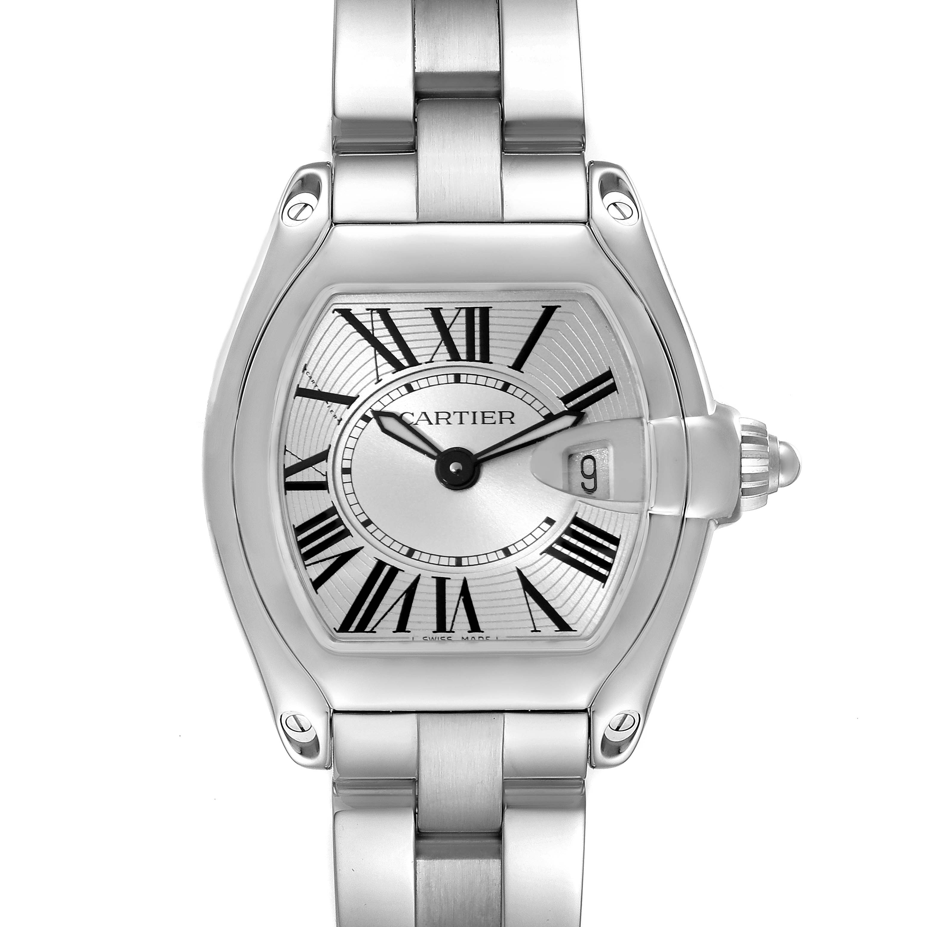This is a head-on view of a Cartier Roadster W62016V3 Women's Stainless Steel Silver Dial W62016V3 Women's Stainless Steel Silver Dial watch showing the dial, hands, date window, and part of the bracelet.