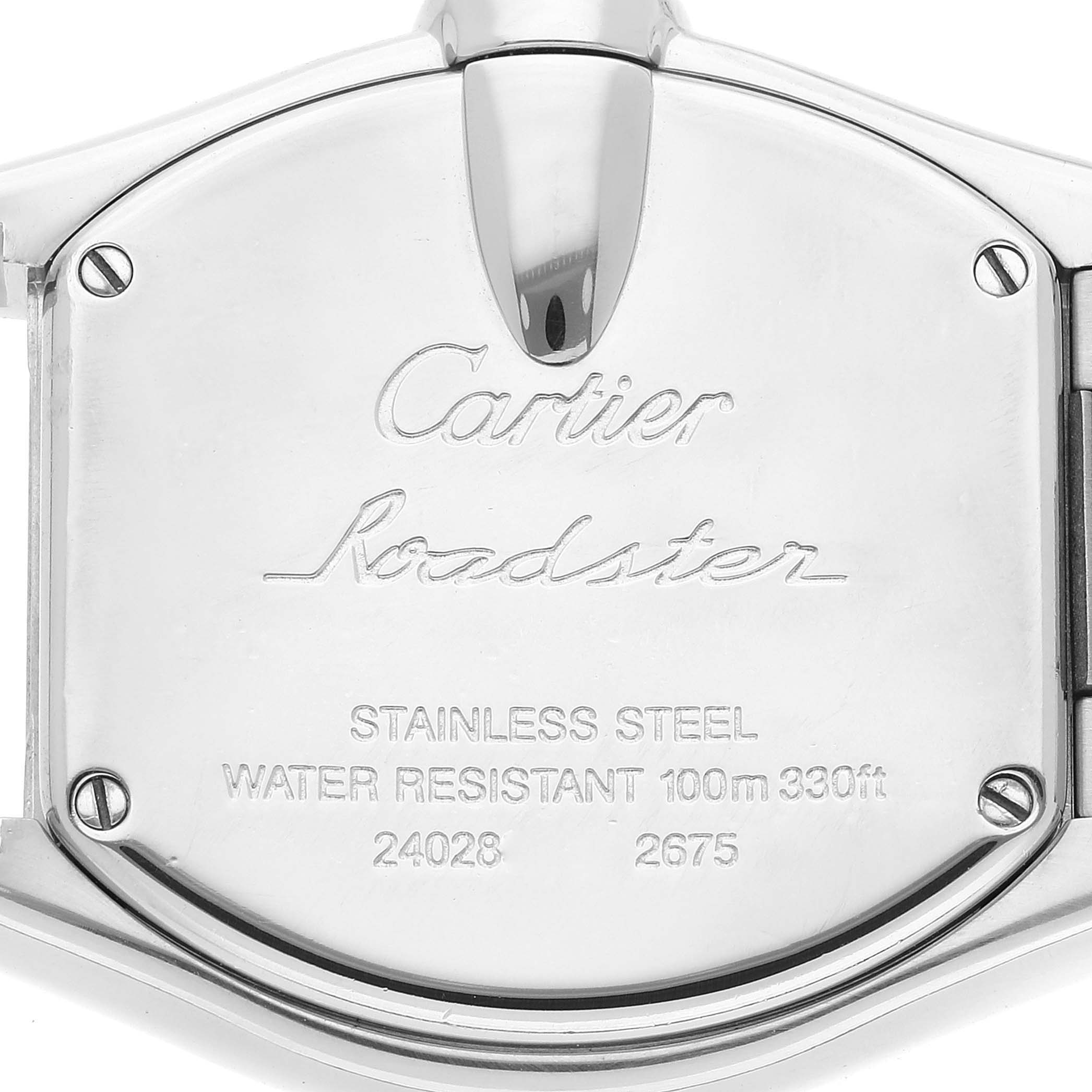 This image shows the back case of a Cartier Roadster W62016V3 Women's Stainless Steel Silver Dial W62016V3 Women's Stainless Steel Silver Dial watch, highlighting its stainless steel construction and water resistance details.