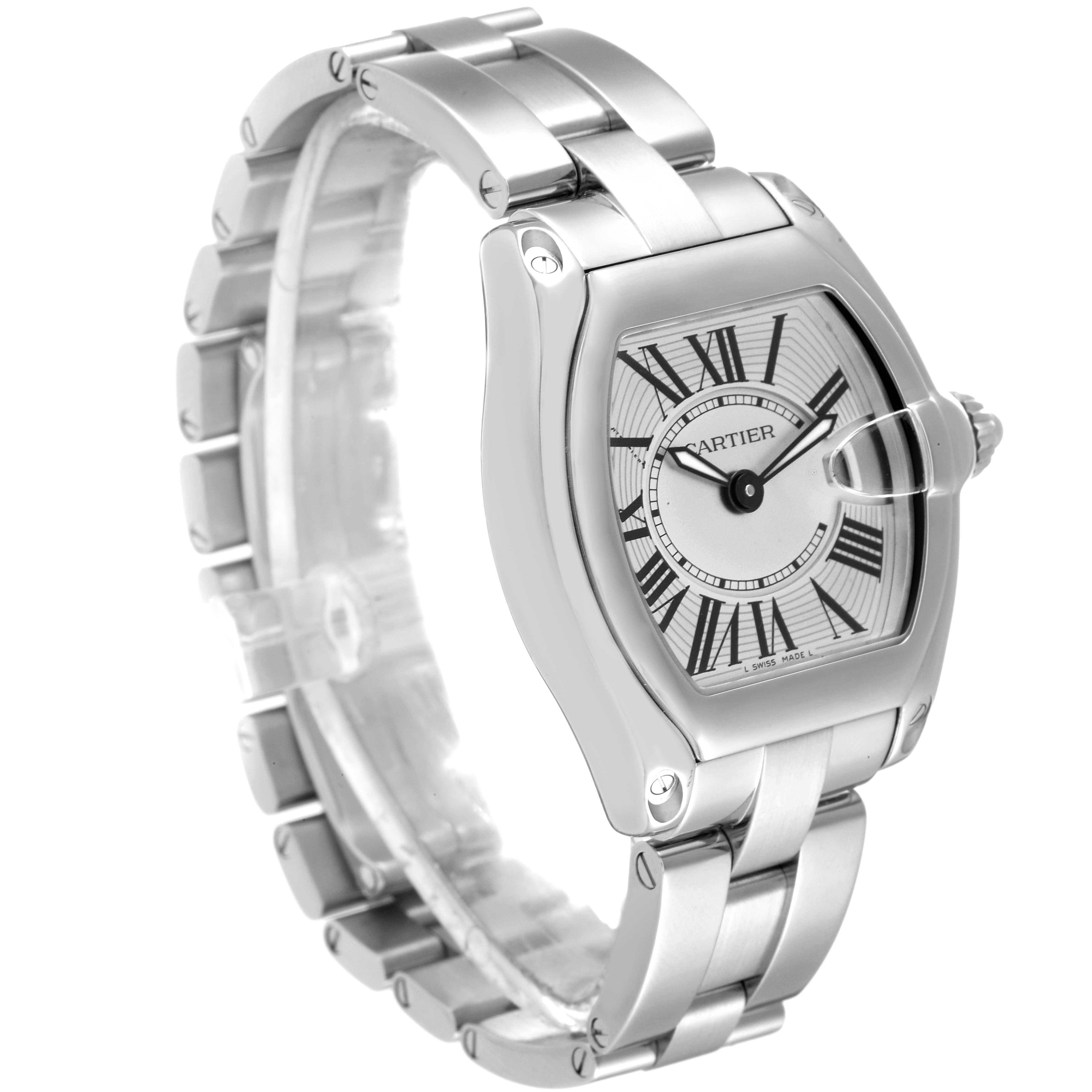 The Roadster model by Cartier is shown at a three-quarter angle, highlighting the face, bezel, bracelet, and crown.