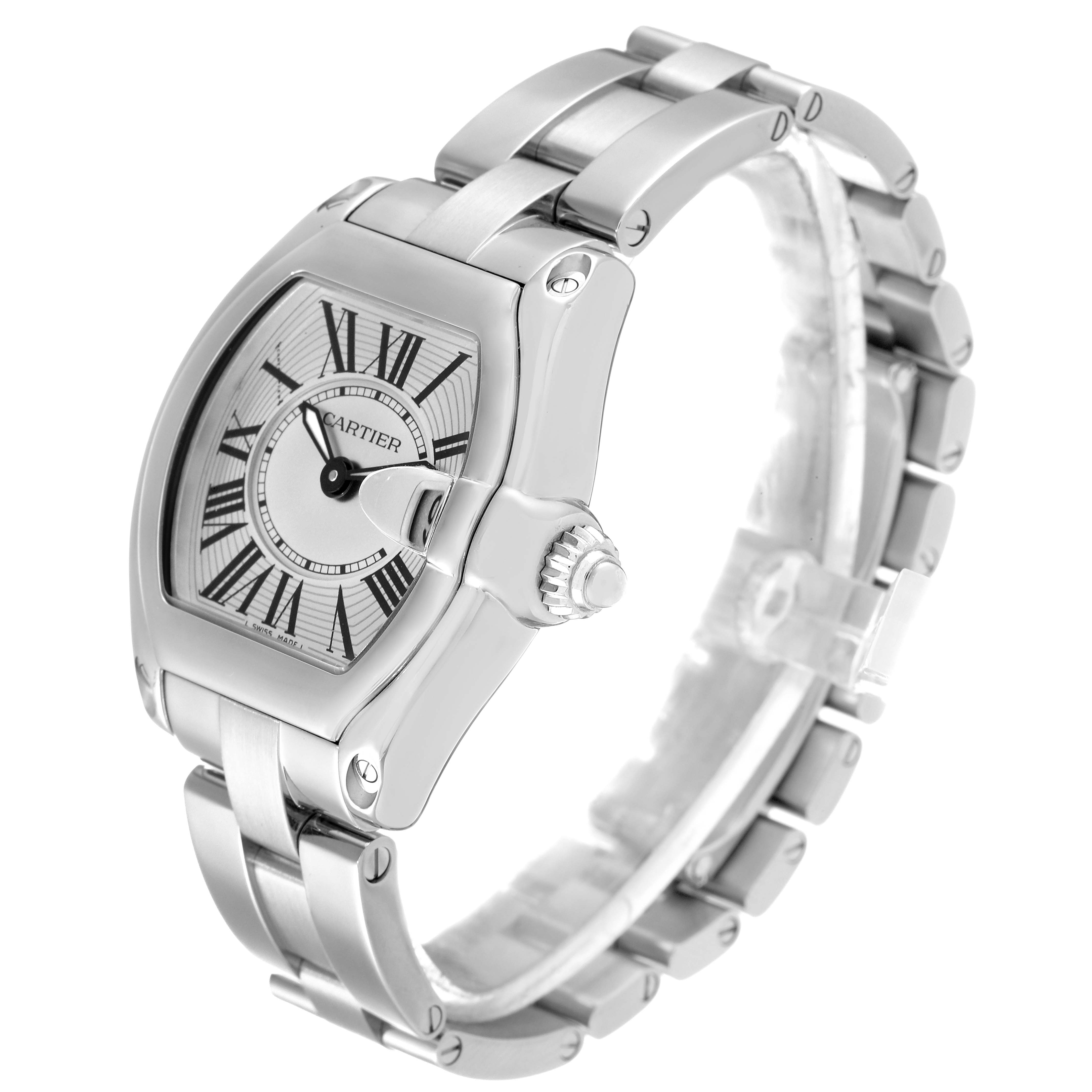The image shows a Cartier Roadster W62016V3 Women's Stainless Steel Silver Dial W62016V3 Women's Stainless Steel Silver Dial watch from a front-left angle, displaying its face, crown, and bracelet.