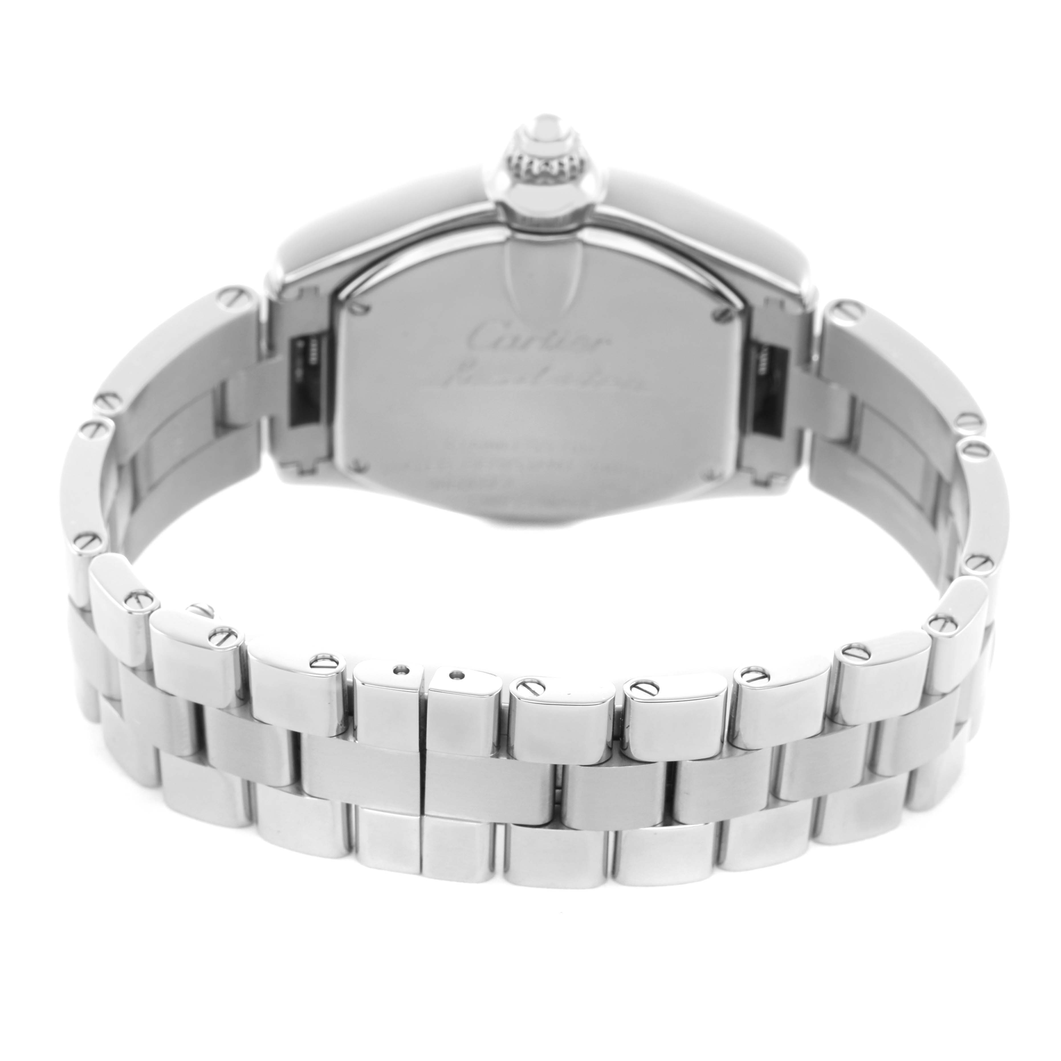 The image shows the back of the Cartier Roadster W62017V3 Women's Stainless Steel Pink Dial watch, highlighting its bracelet and case back.