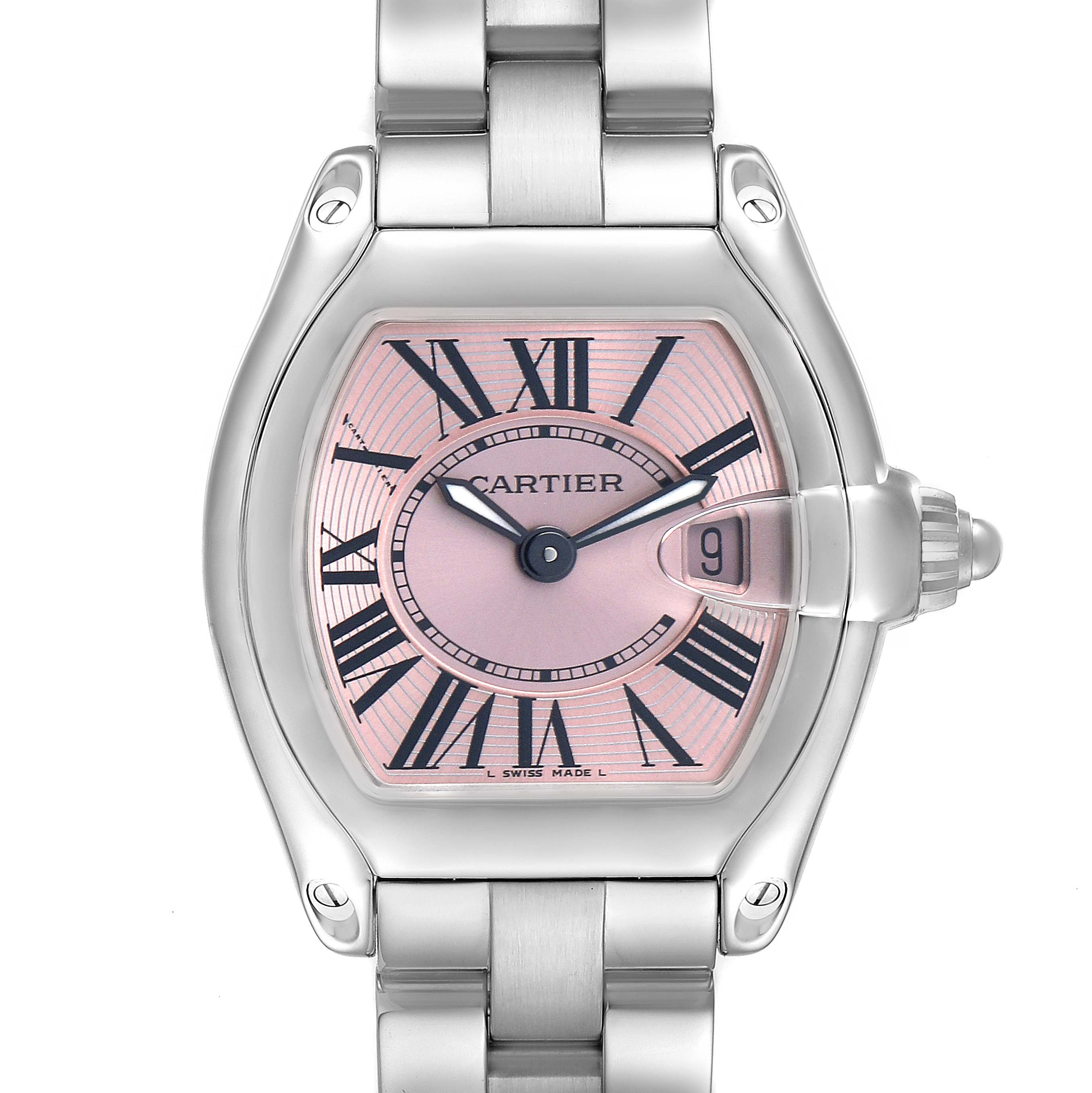 The Cartier Roadster W62017V3 Women's Stainless Steel Pink Dial watch is shown from a front angle, displaying its pink dial, Roman numerals, and metal bracelet.