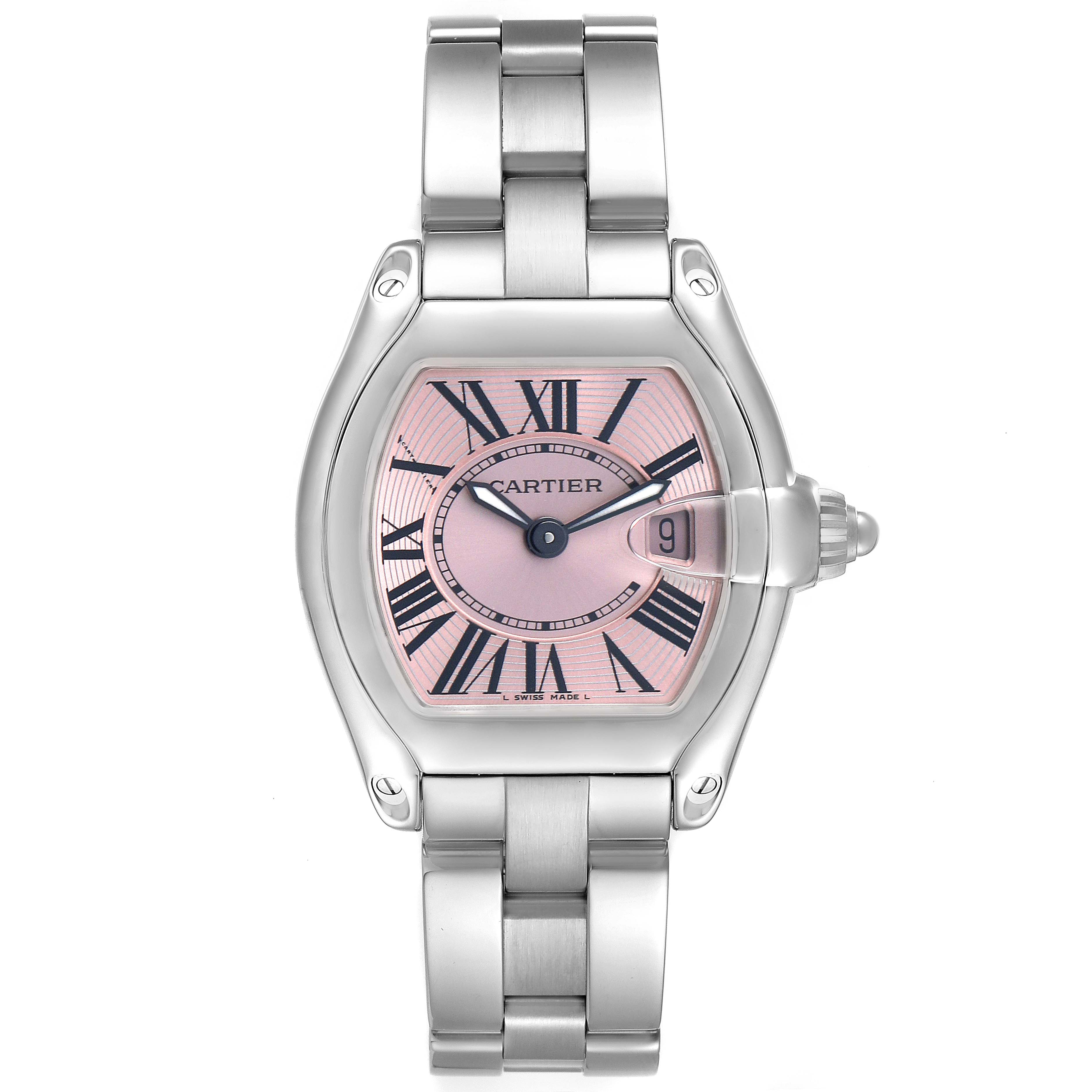 The Cartier Roadster W62017V3 Women's Stainless Steel Pink Dial watch is shown from a front view, displaying the dial, case, and bracelet.