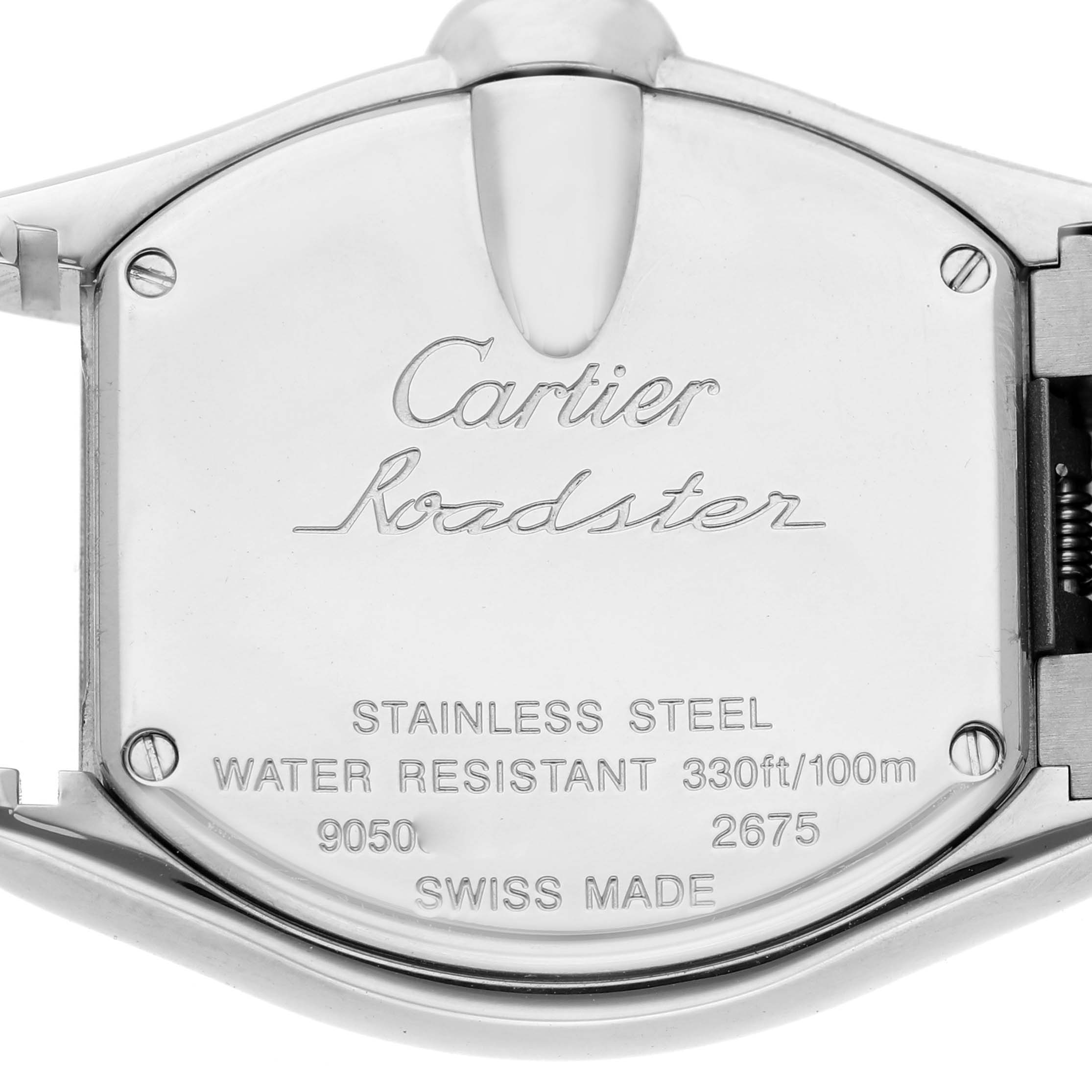The image shows the back case of a Cartier Roadster W62017V3 Women's Stainless Steel Pink Dial watch, displaying engraving and specifications.
