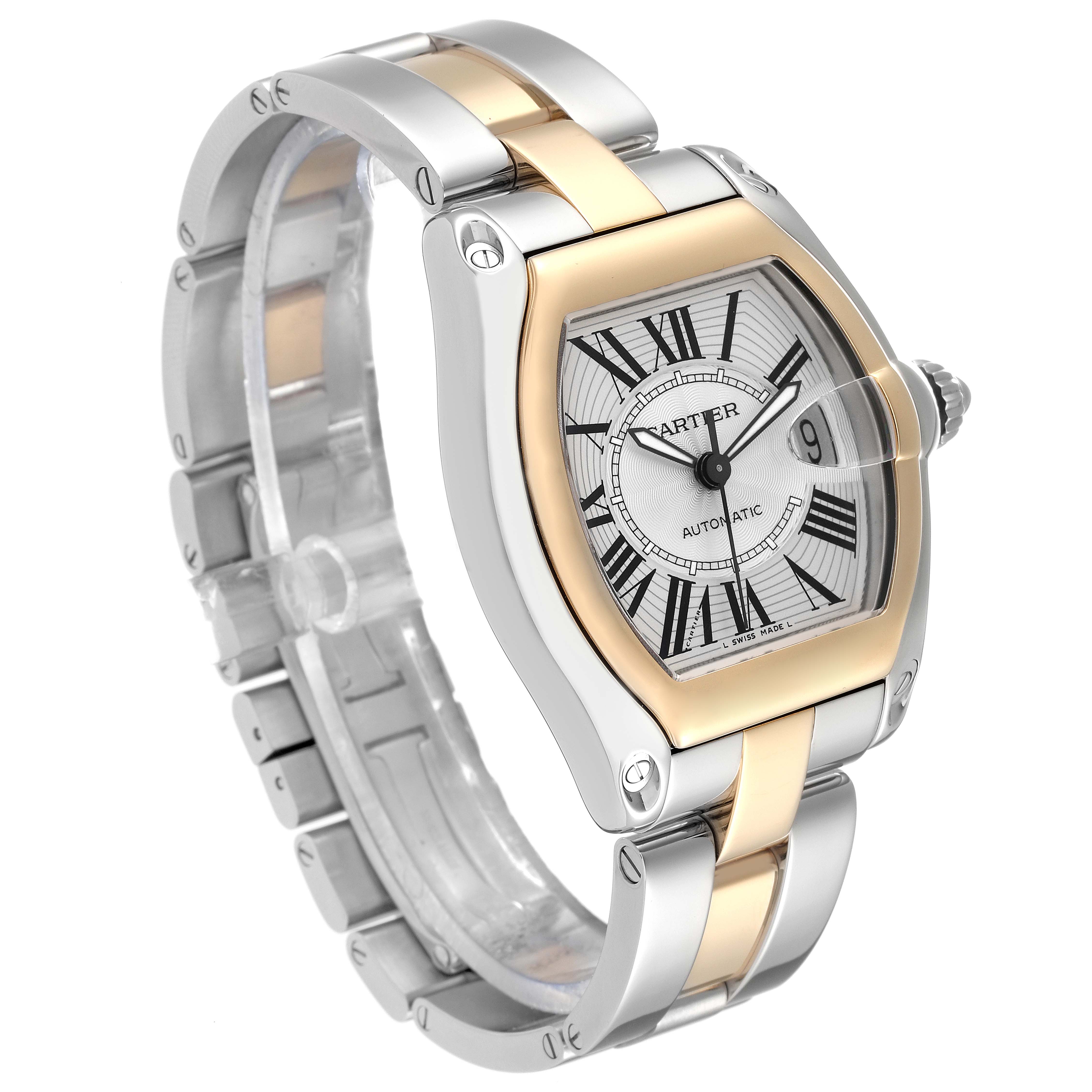 The Cartier Roadster W62031Y4 Men's Steel and Gold (two tone) Silver Dial W62031Y4 Men's Steel and Gold (two tone) Silver Dial watch is shown at a three-quarter angle displaying its face, bezel, and bracelet.