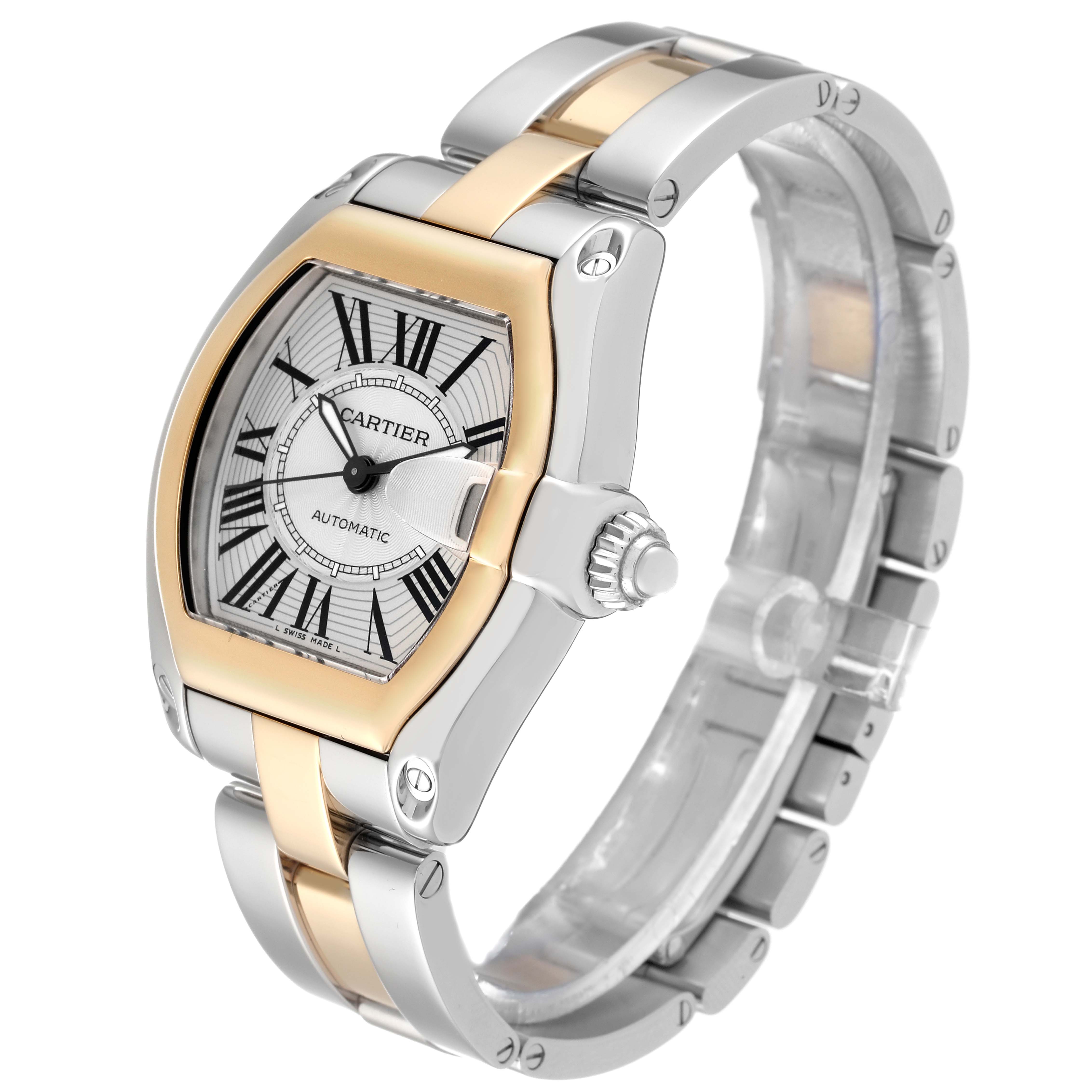 The image shows a Cartier Roadster W62031Y4 Men's Steel and Gold (two tone) Silver Dial W62031Y4 Men's Steel and Gold (two tone) Silver Dial watch from a front angled view, highlighting its face, bezel, and bracelet.
