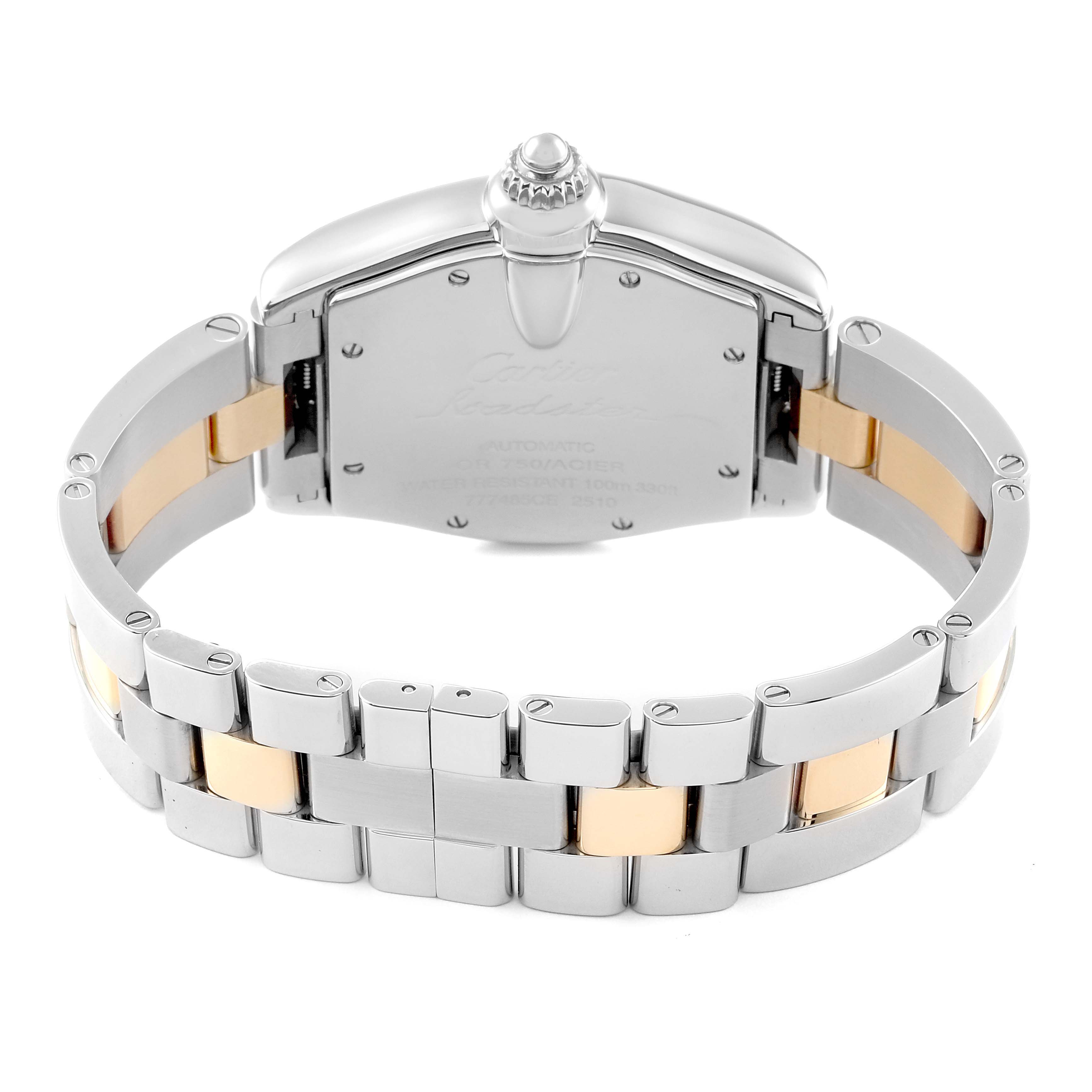 The image shows the back view of the Cartier Roadster W62031Y4 Men's Steel and Gold (two tone) Silver Dial W62031Y4 Men's Steel and Gold (two tone) Silver Dial watch, highlighting the case back, crown, and two-tone bracelet.